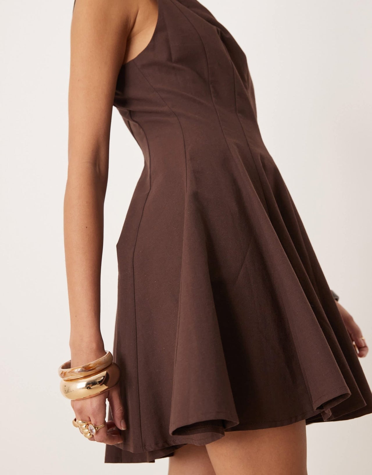 ASOS DESIGN linen blend slash neck seamed fit and flare mini dress in chocolate - ASOS Sample Sale