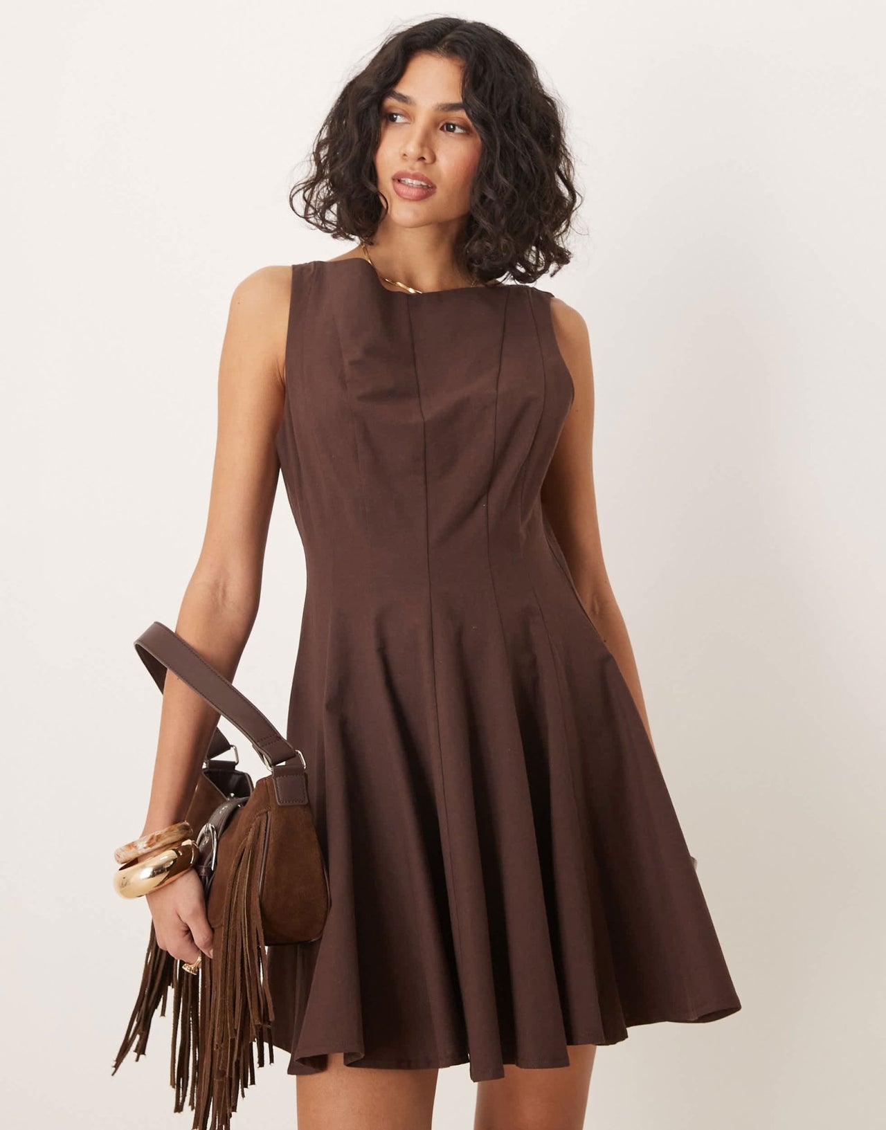 ASOS DESIGN linen blend slash neck seamed fit and flare mini dress in chocolate - ASOS Sample Sale