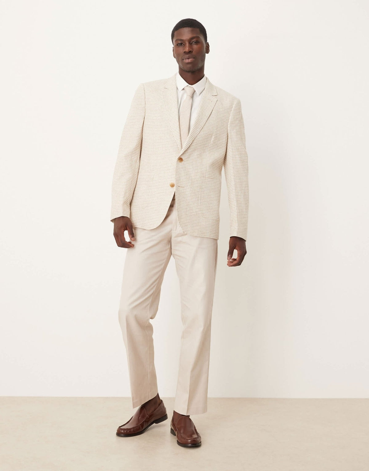 ASOS DESIGN linen blend slim blazer in stone gingham check - ASOS Sample Sale