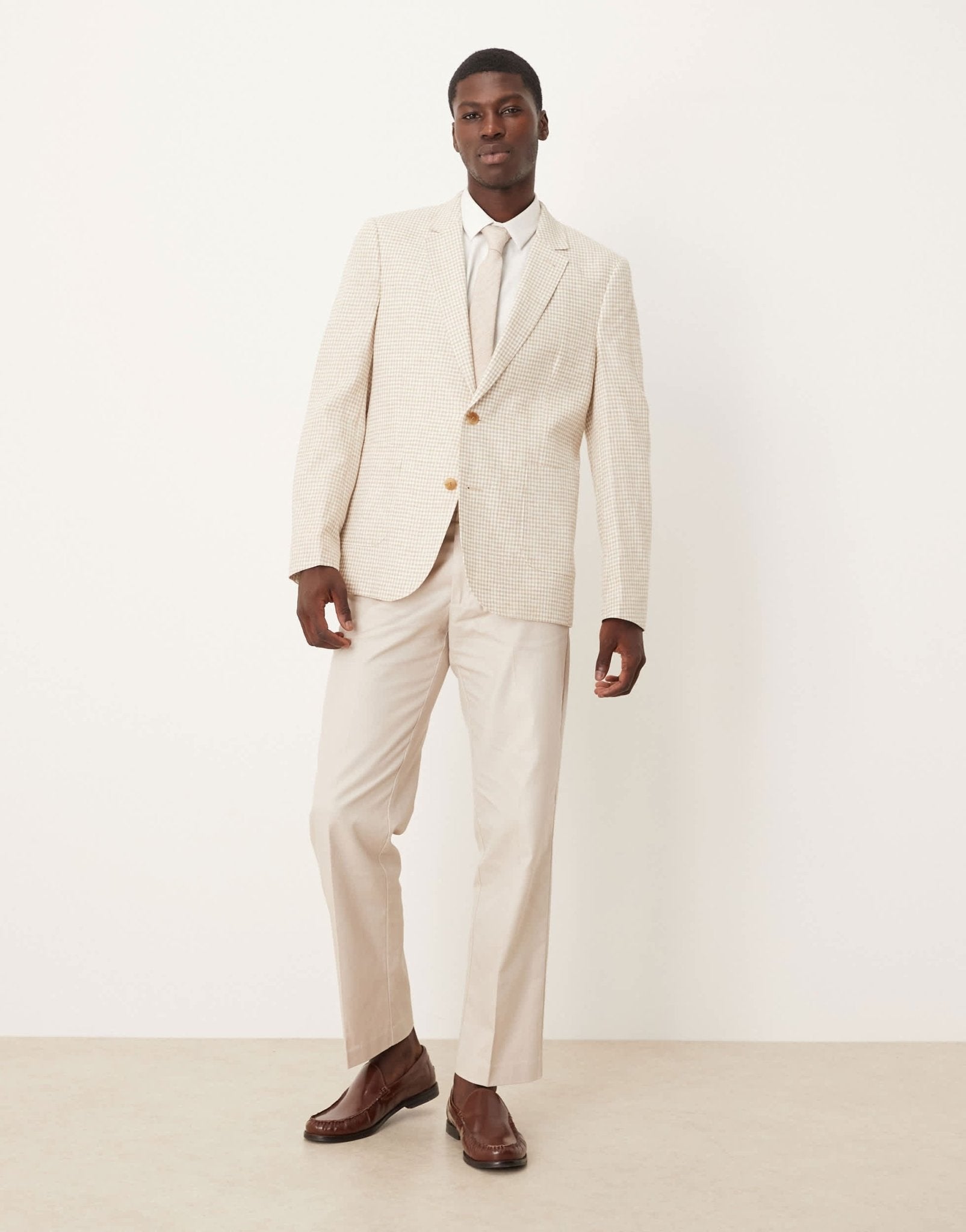 ASOS DESIGN linen blend slim blazer in stone gingham check - ASOS Sample Sale