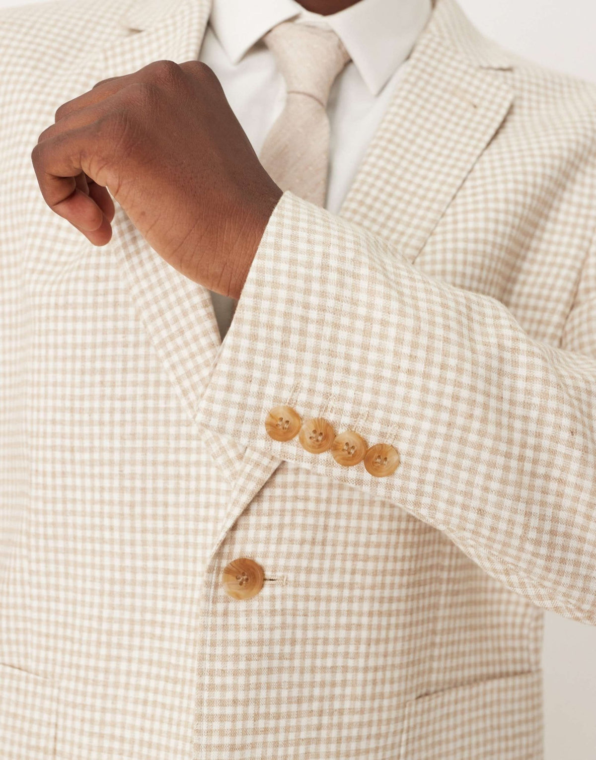 ASOS DESIGN linen blend slim blazer in stone gingham check - ASOS Sample Sale