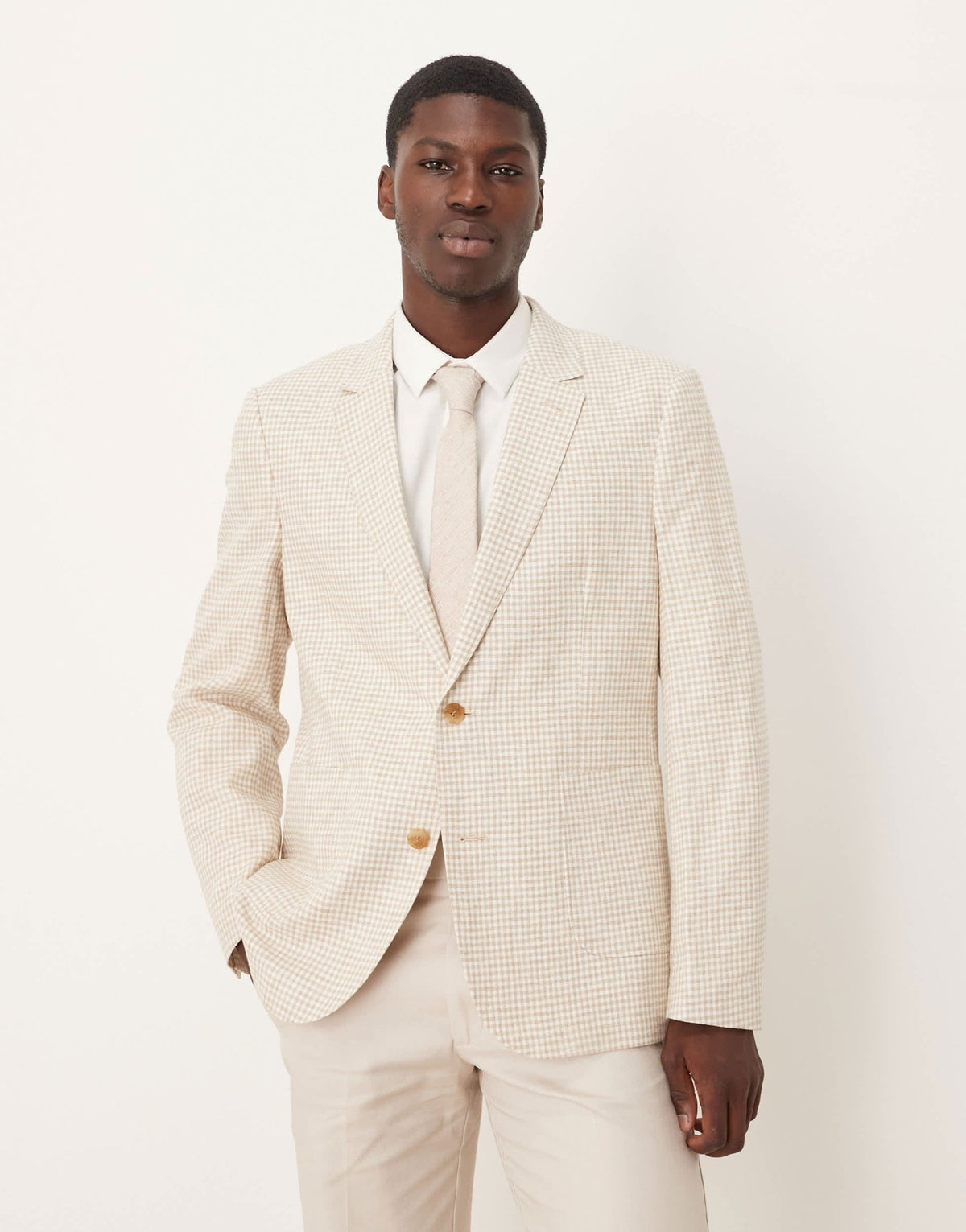 ASOS DESIGN linen blend slim blazer in stone gingham check - ASOS Sample Sale