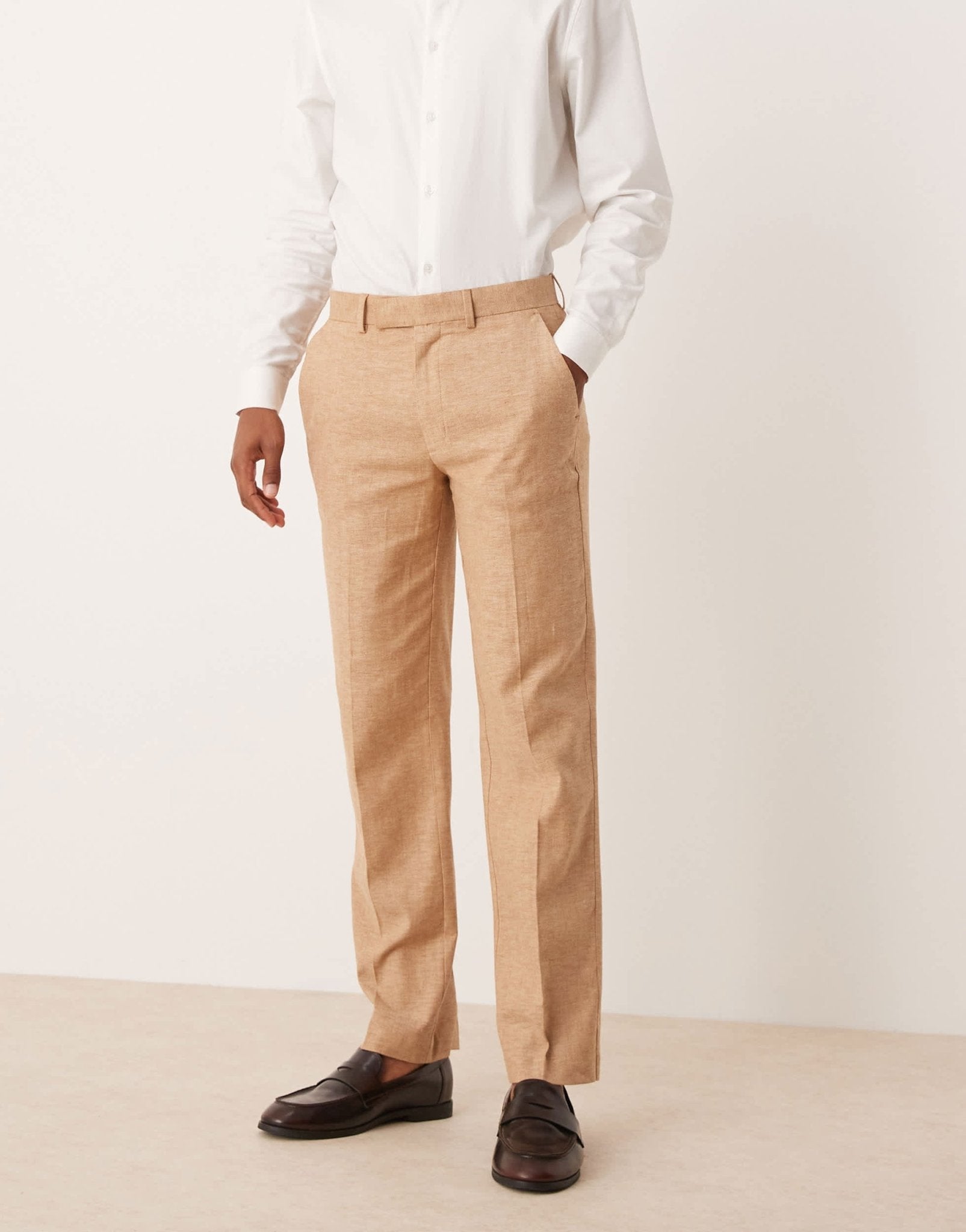 ASOS DESIGN linen blend straight leg suit trousers in camel - ASOS Sample Sale