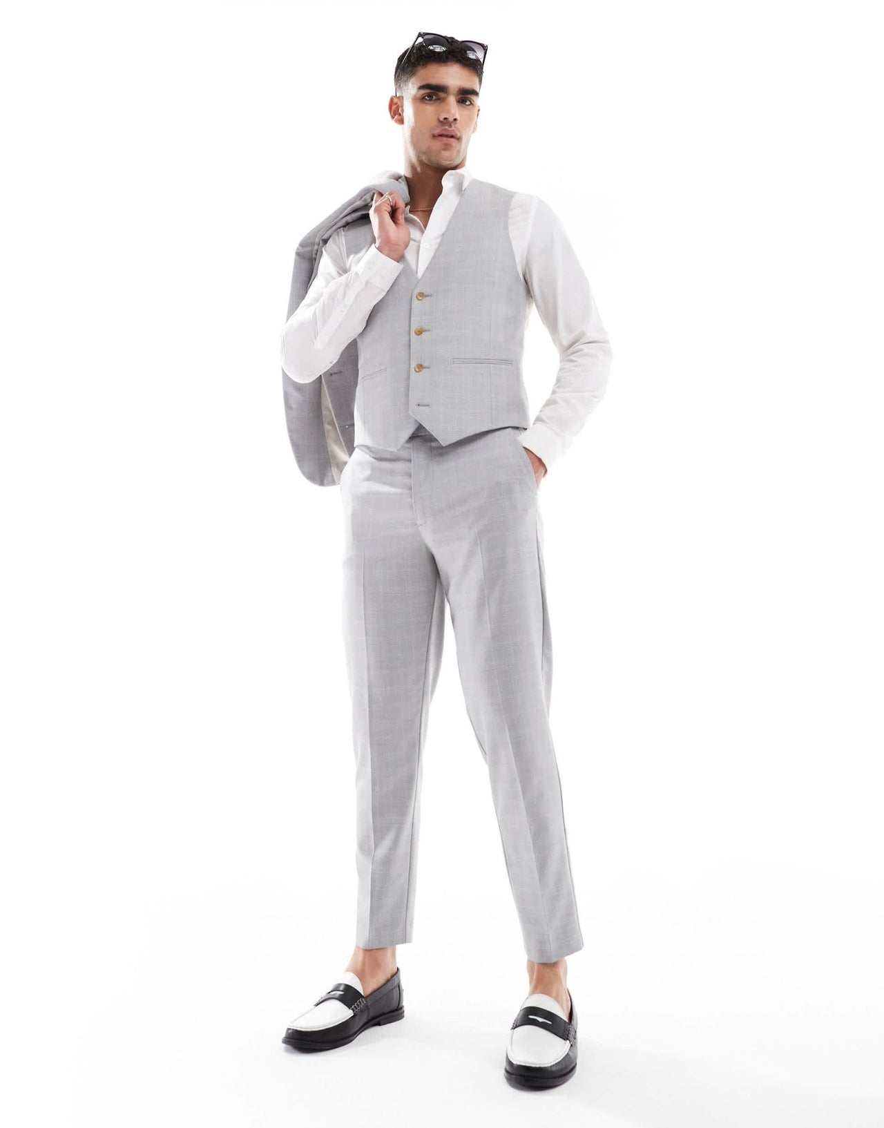 ASOS DESIGN linen blend tapered suit trousers in grey tonal check - ASOS Sample Sale