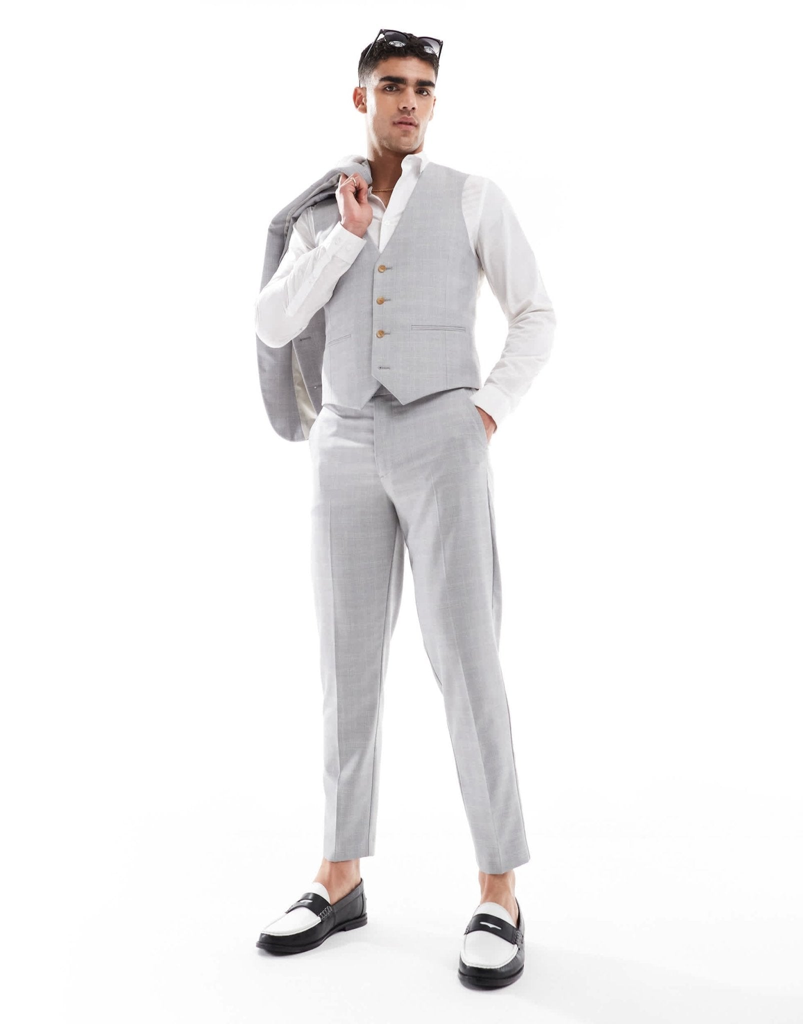 ASOS DESIGN linen blend tapered suit trousers in grey tonal check - ASOS Sample Sale