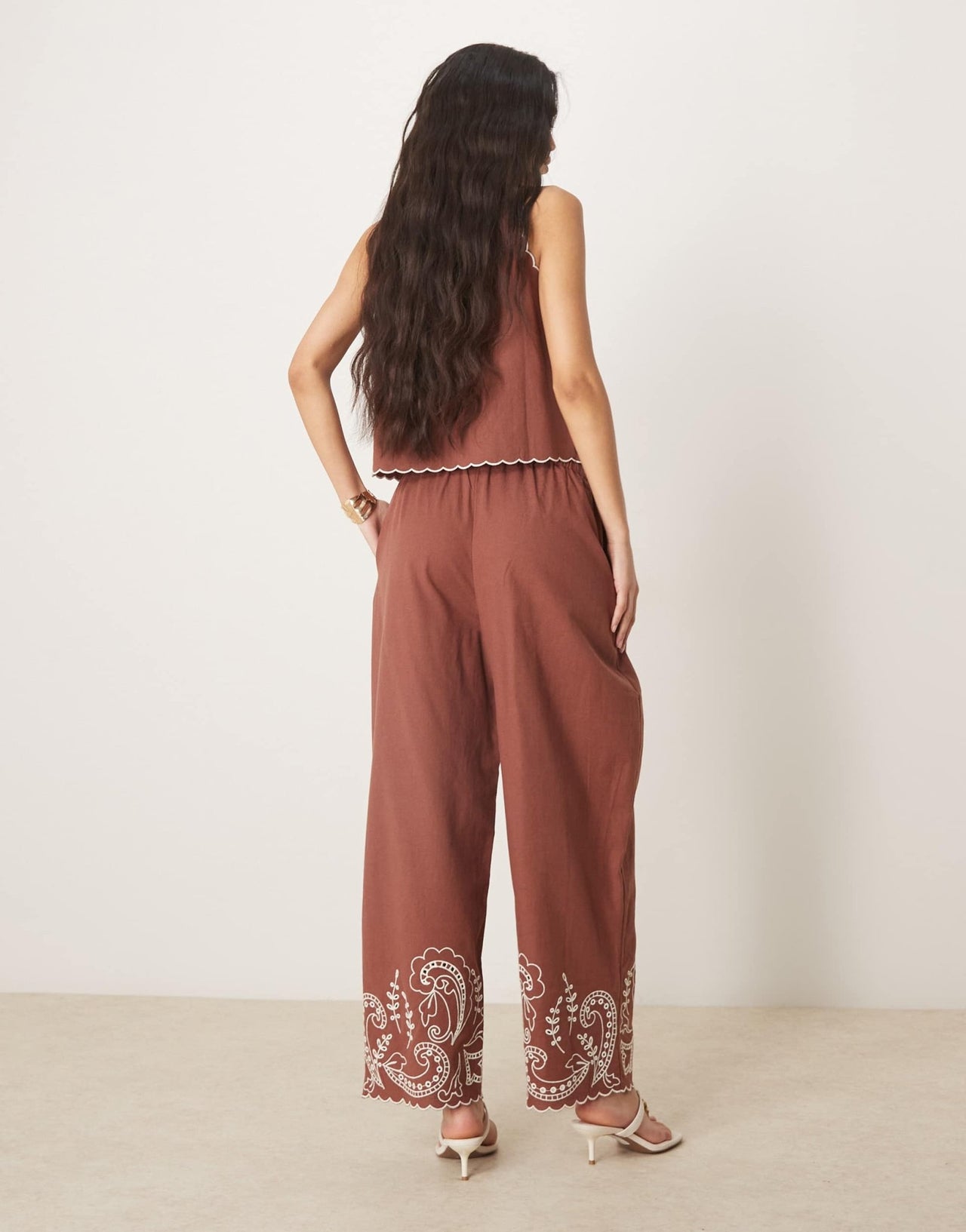 ASOS DESIGN linen blend wide leg scallop edge embroidered trousers co-ord in mocha - ASOS Sample Sale