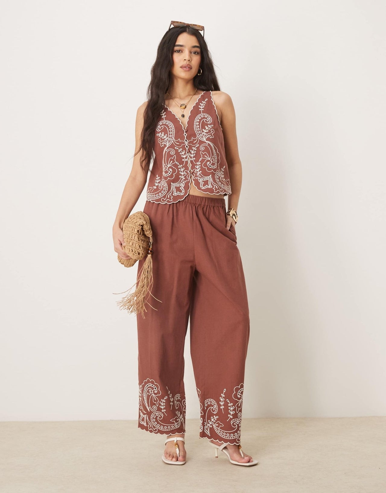 ASOS DESIGN linen blend wide leg scallop edge embroidered trousers co-ord in mocha - ASOS Sample Sale