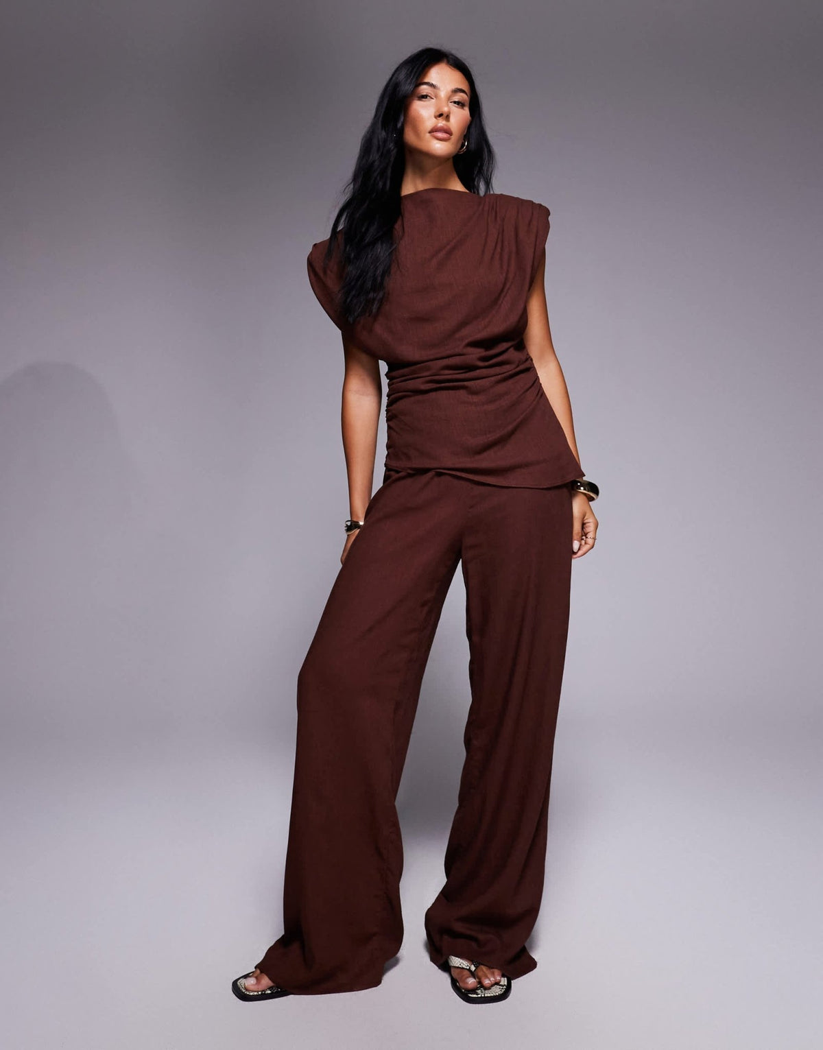 ASOS DESIGN linen co-ord wide leg trousers in brown - ASOS Sample Sale