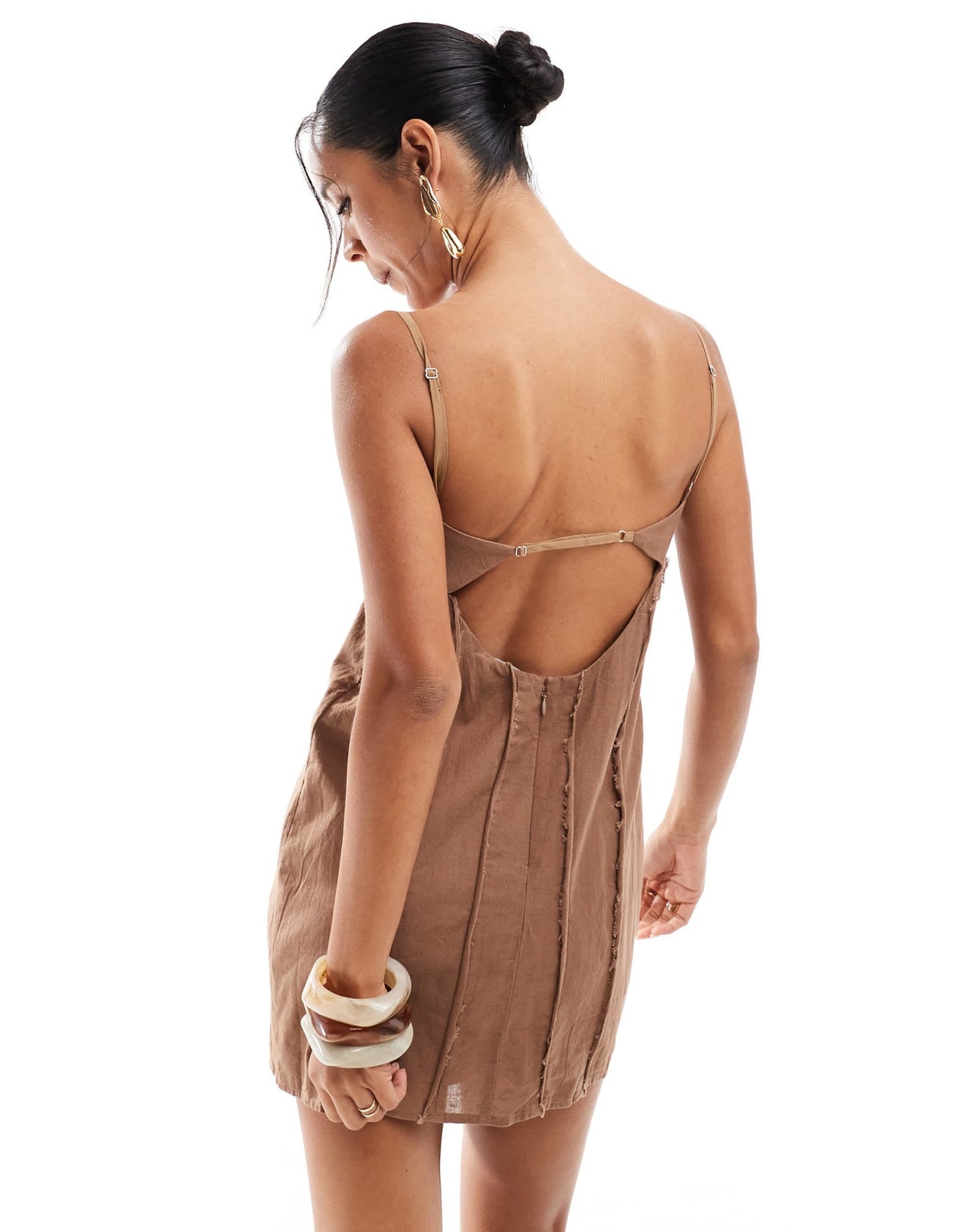 ASOS DESIGN linen corset panelled mini dress with exposed frayed seaming in brown - ASOS Sample Sale