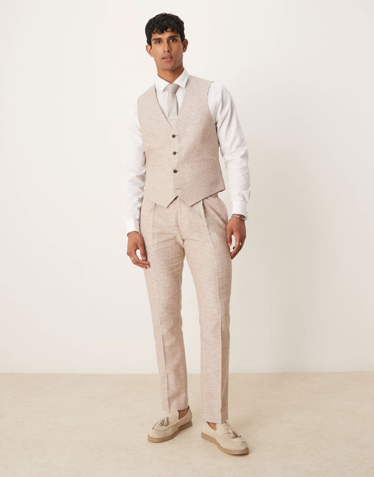 ASOS DESIGN linen cotton blend slim suit trousers in brown herringbone - ASOS Sample Sale