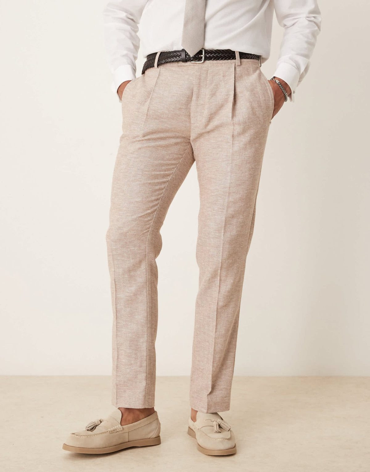 ASOS DESIGN linen cotton blend slim suit trousers in brown herringbone - ASOS Sample Sale