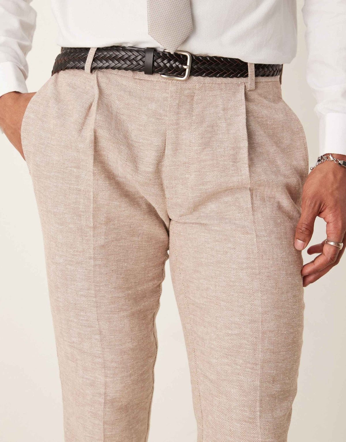 ASOS DESIGN linen cotton blend slim suit trousers in brown herringbone - ASOS Sample Sale