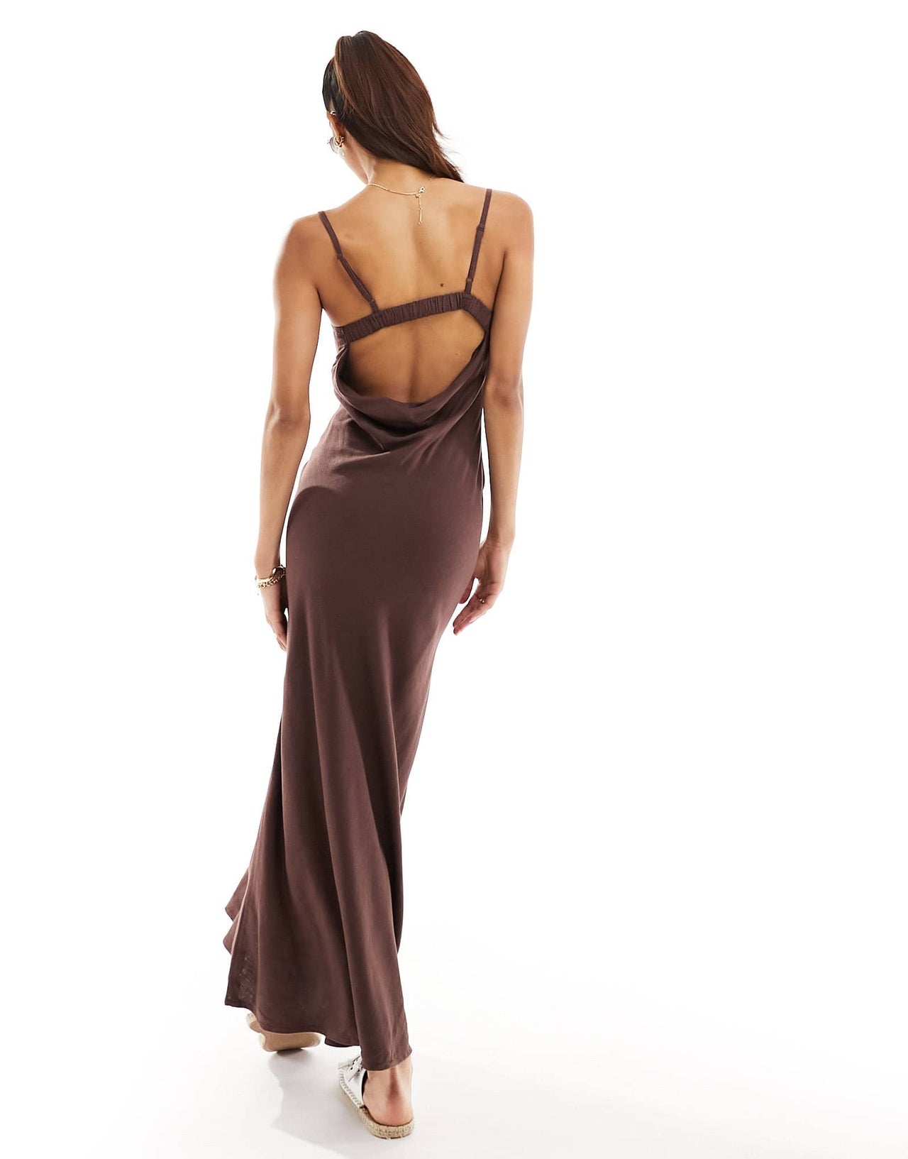 ASOS DESIGN linen cowl detail maxi slip sundress with draped back detail in chocolate - ASOS Sample Sale