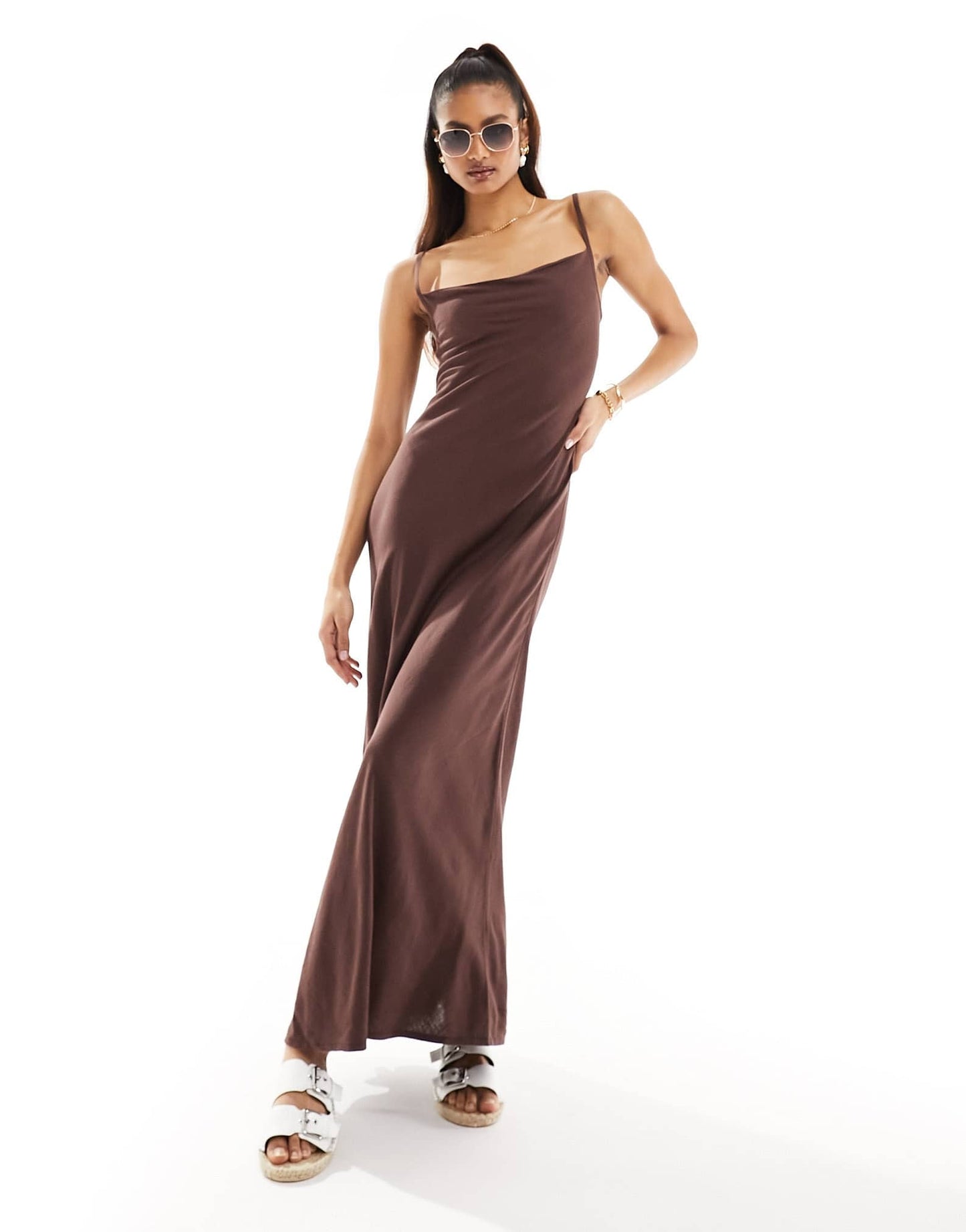 ASOS DESIGN linen cowl detail maxi slip sundress with draped back detail in chocolate - ASOS Sample Sale