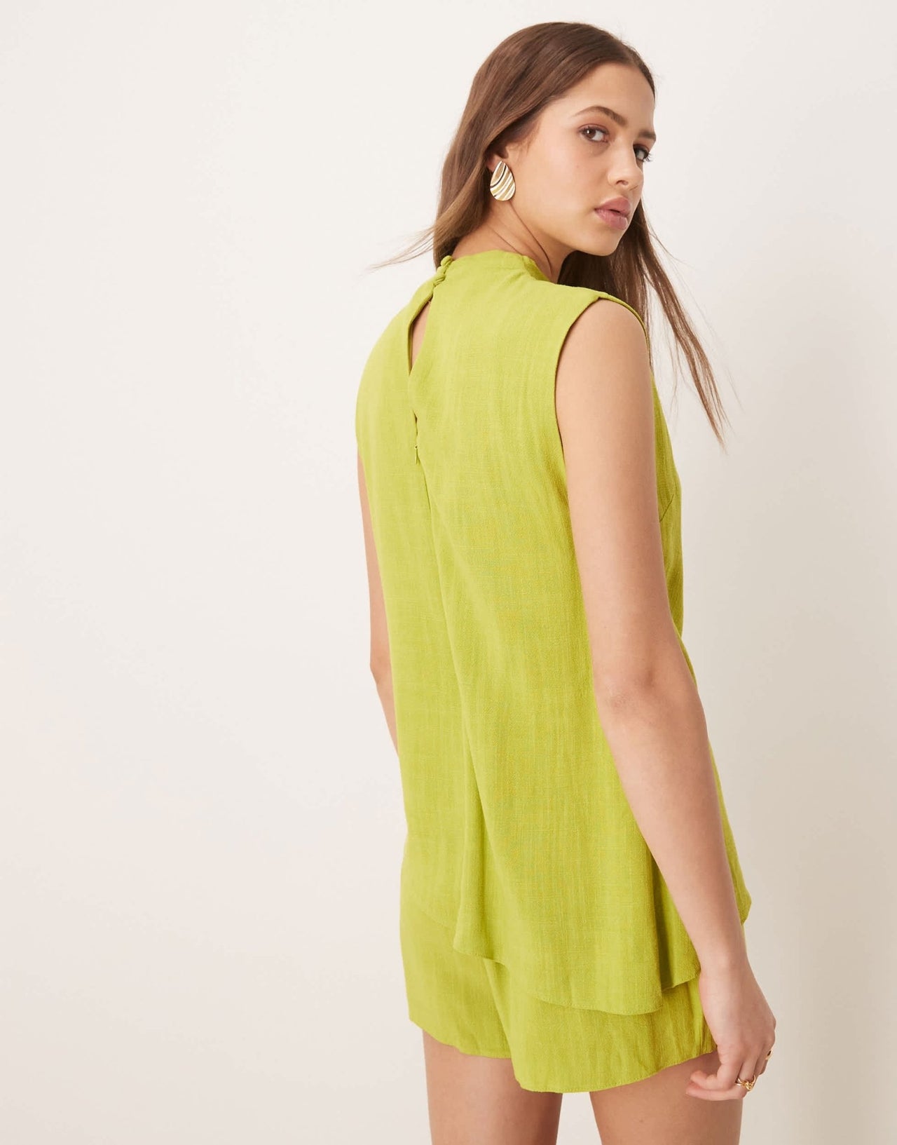 ASOS DESIGN linen double layer neck tie detail playsuit in lime green - ASOS Sample Sale