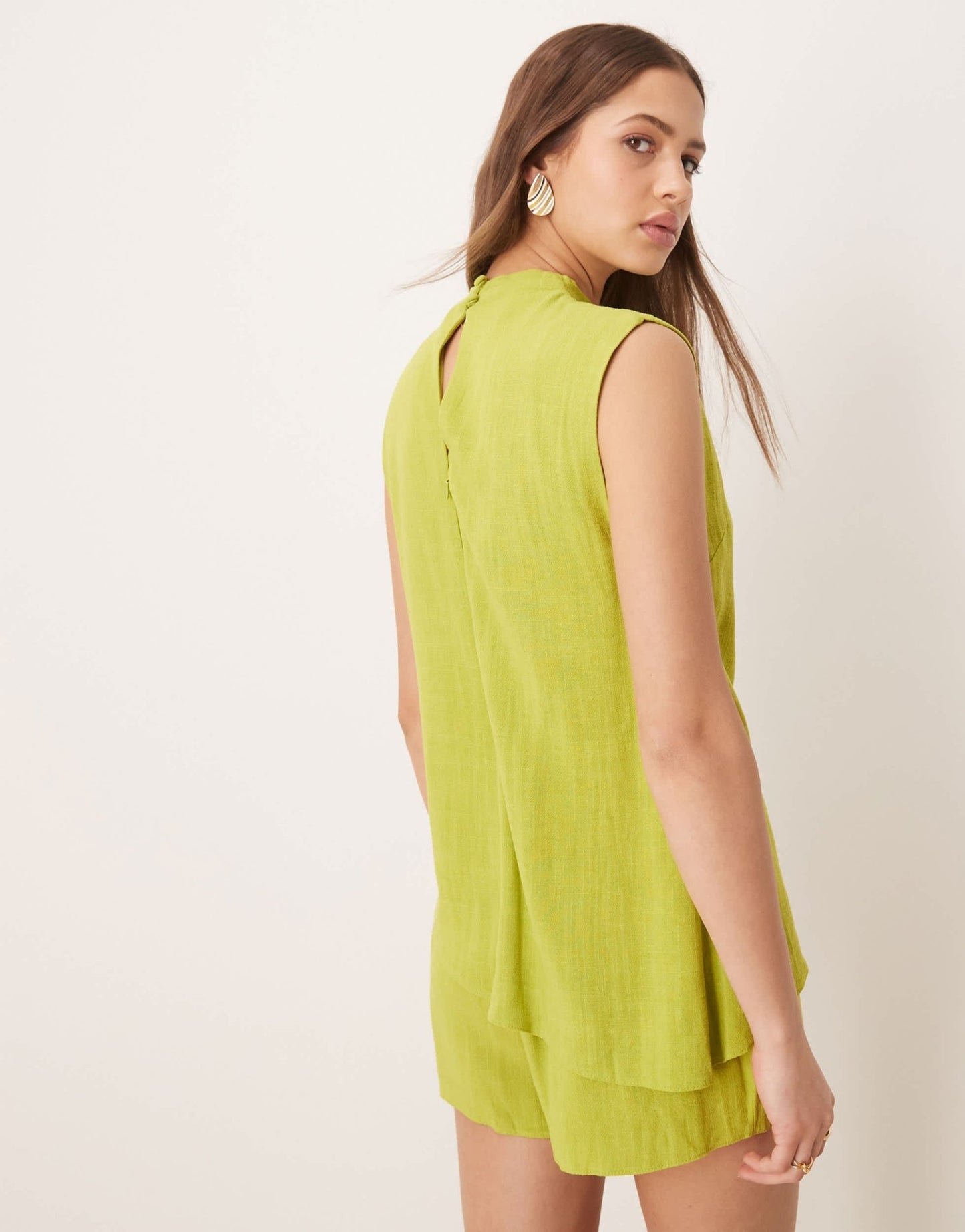ASOS DESIGN linen double layer neck tie detail playsuit in lime green - ASOS Sample Sale