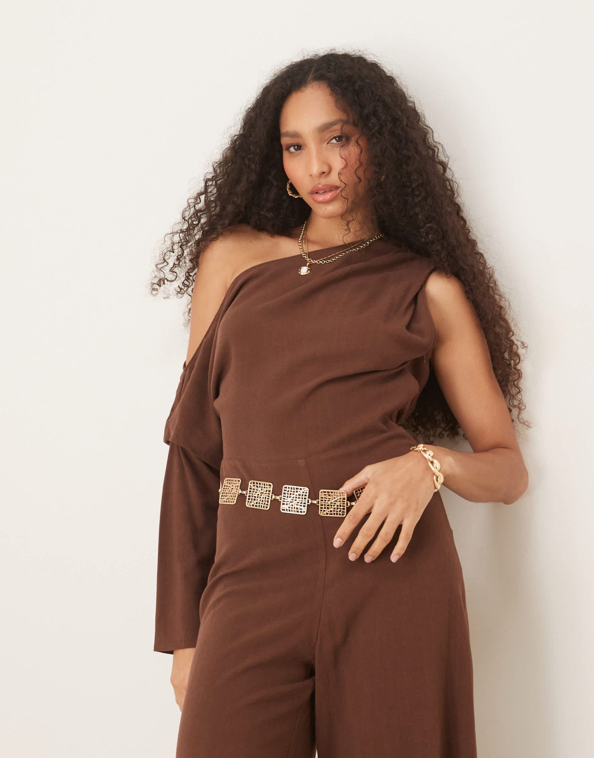 ASOS DESIGN linen fallen shoulder jumpsuit in chocolate brown - ASOS Sample Sale