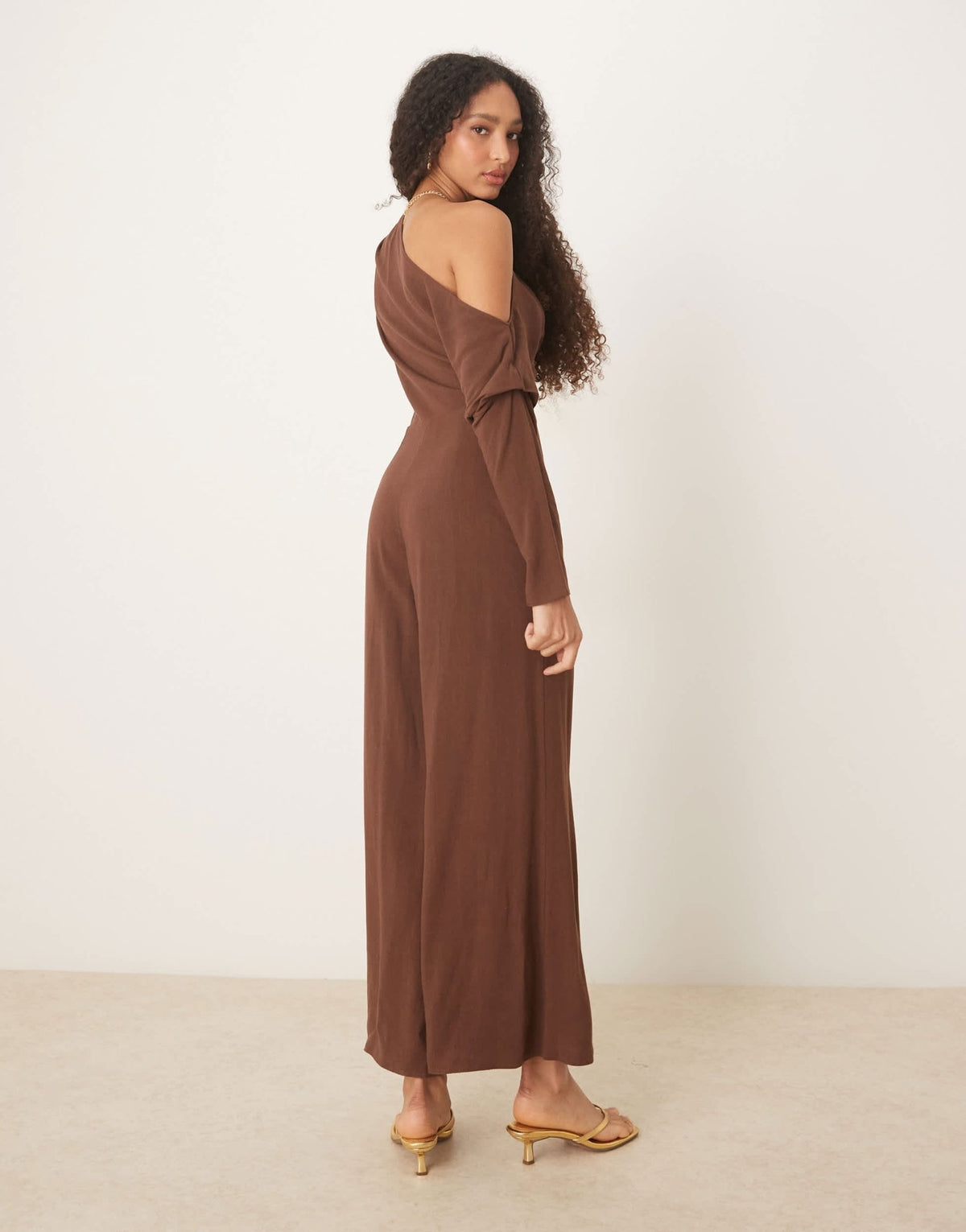 ASOS DESIGN linen fallen shoulder jumpsuit in chocolate brown - ASOS Sample Sale
