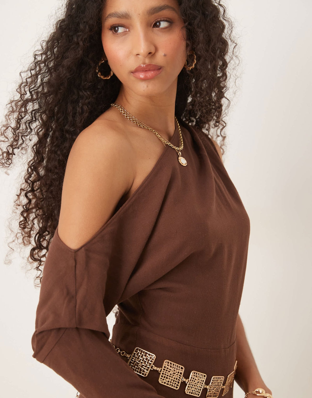 ASOS DESIGN linen fallen shoulder jumpsuit in chocolate brown - ASOS Sample Sale