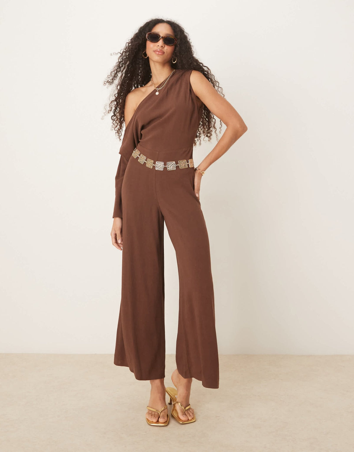 ASOS DESIGN linen fallen shoulder jumpsuit in chocolate brown - ASOS Sample Sale