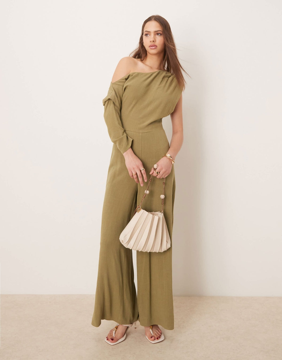 ASOS DESIGN linen fallen shoulder jumpsuit in khaki - ASOS Sample Sale