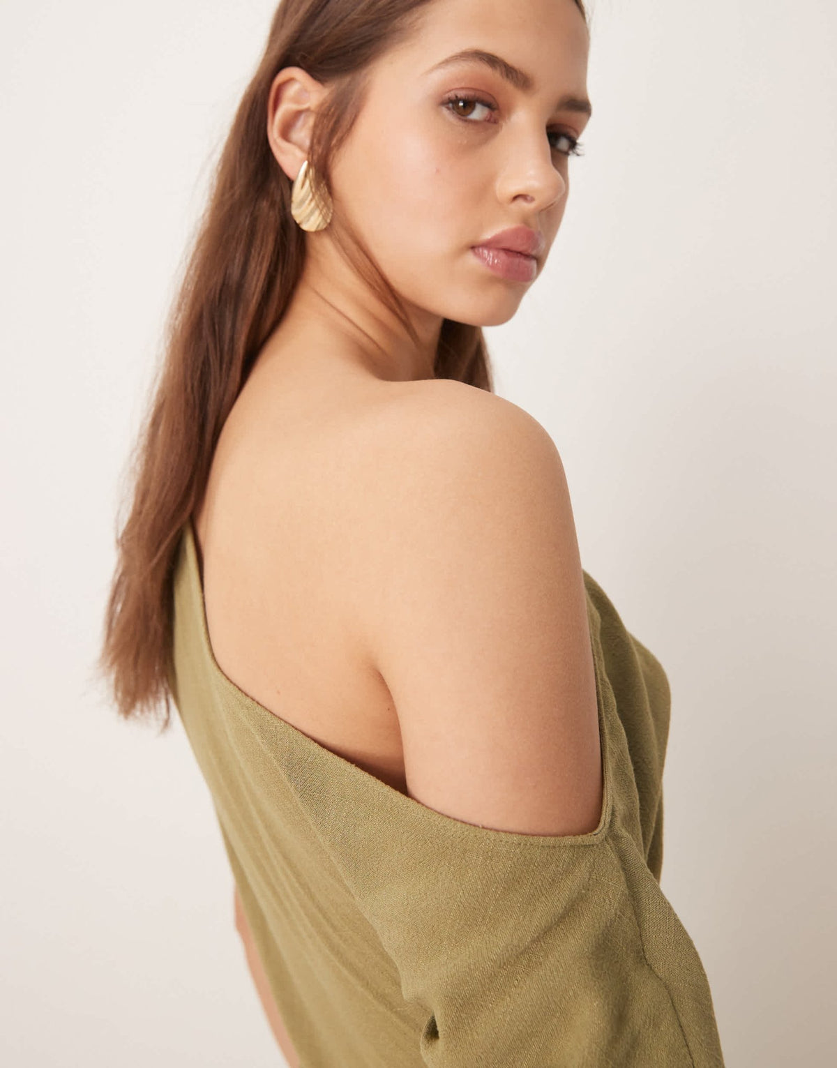 ASOS DESIGN linen fallen shoulder jumpsuit in khaki - ASOS Sample Sale