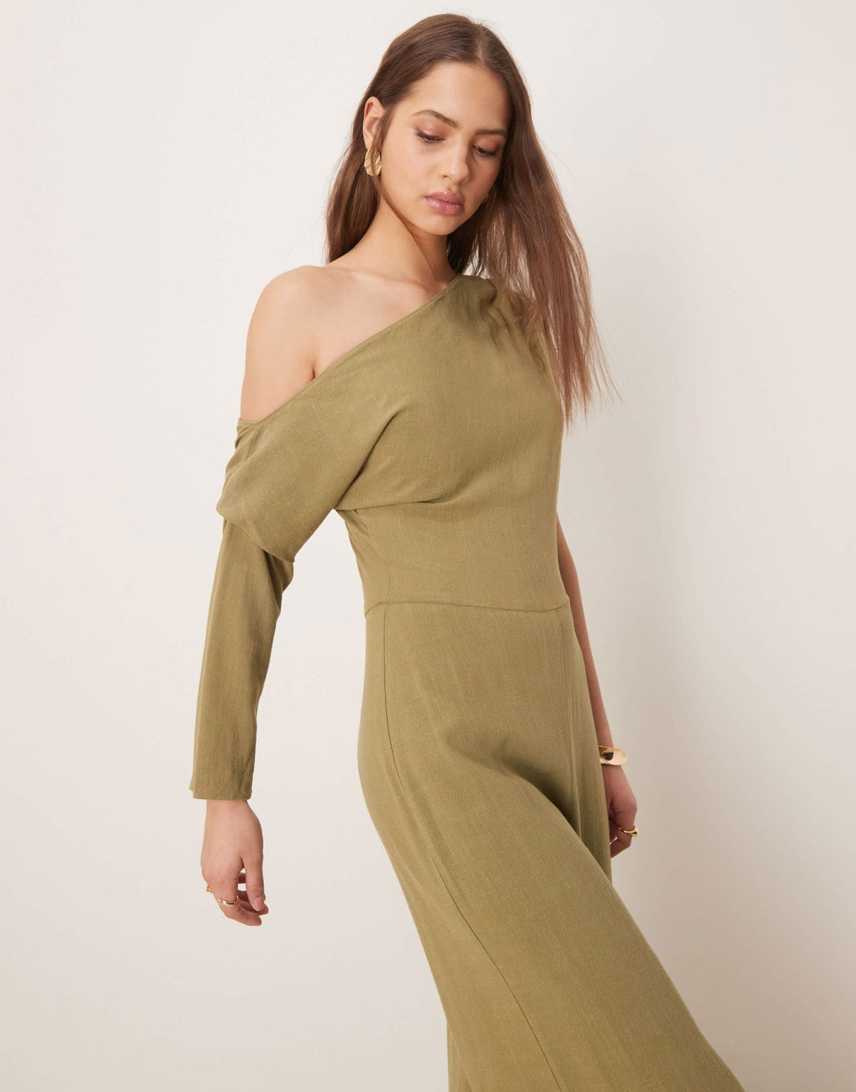 ASOS DESIGN linen fallen shoulder jumpsuit in khaki - ASOS Sample Sale
