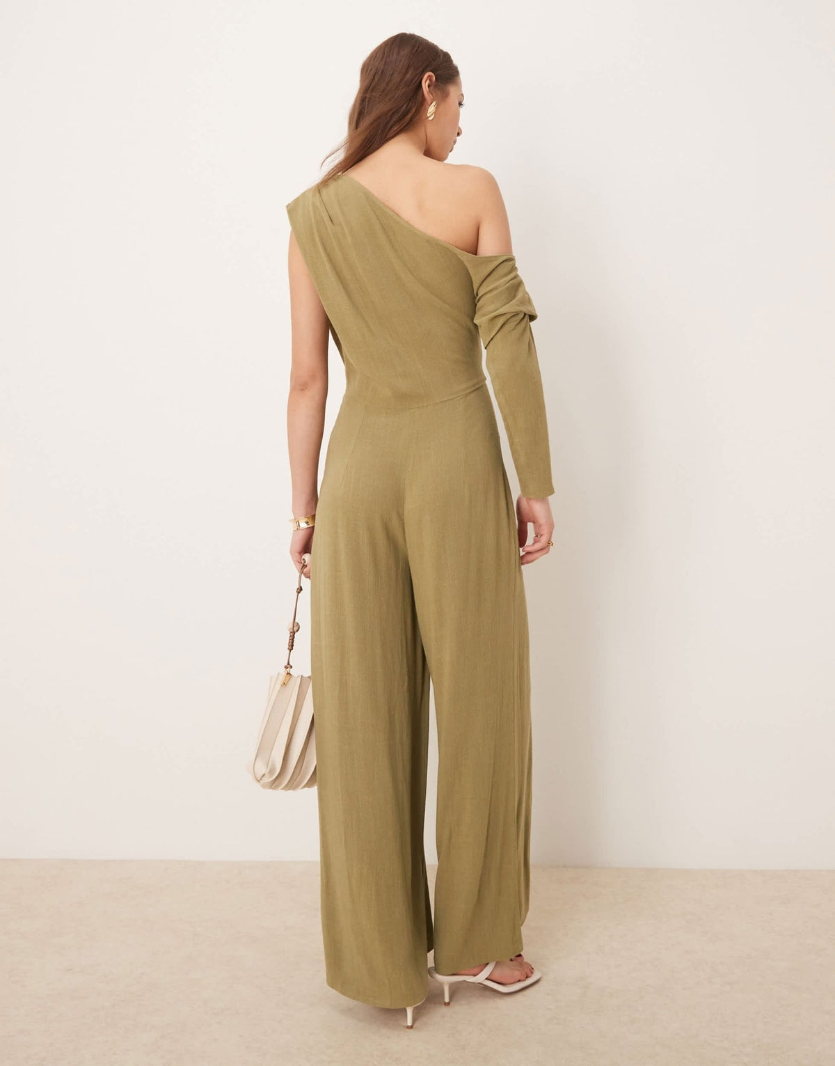 ASOS DESIGN linen fallen shoulder jumpsuit in khaki - ASOS Sample Sale