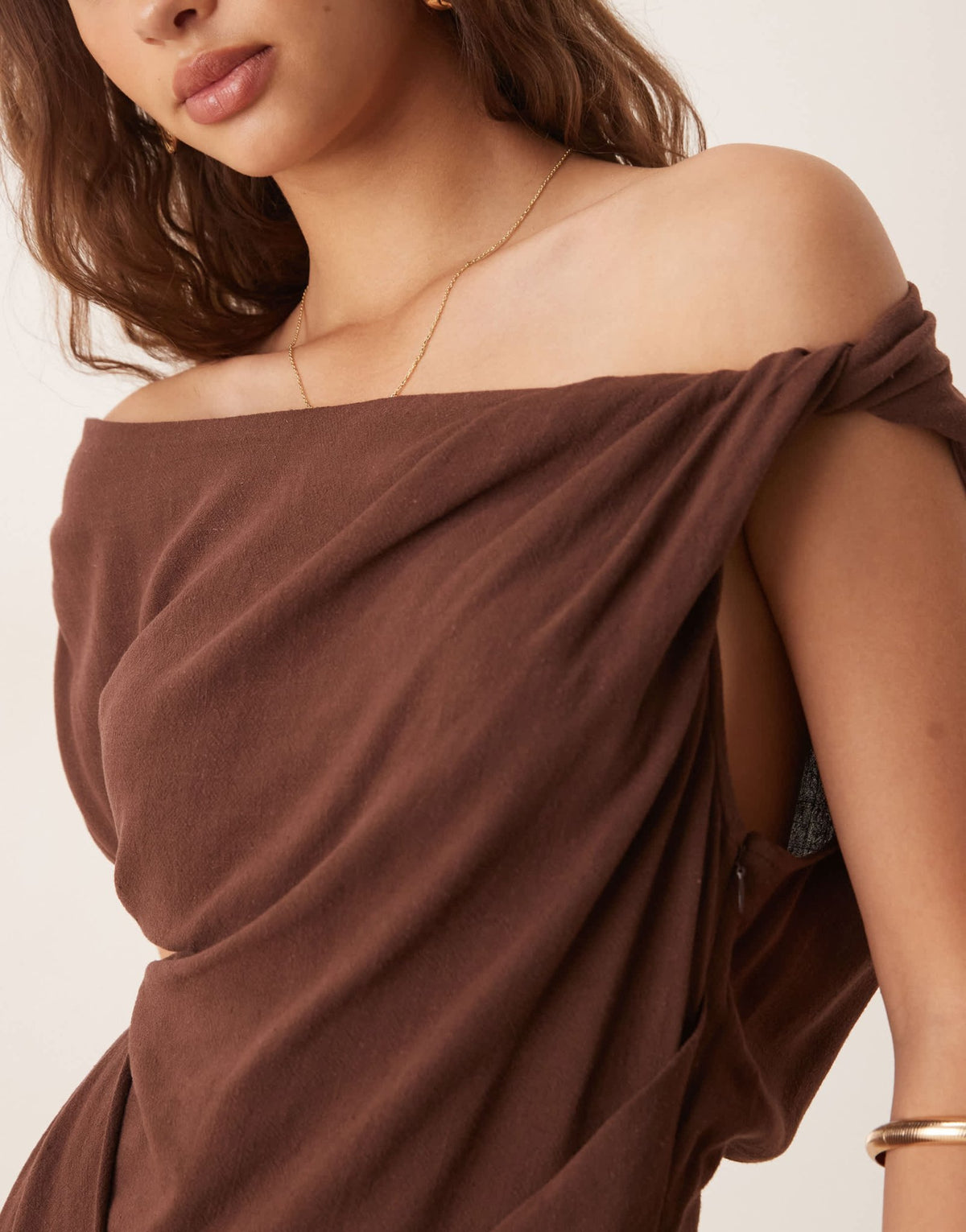 ASOS DESIGN linen fallen twist shoulder wrap skirt detail midi dress in chocolate brown - ASOS Sample Sale