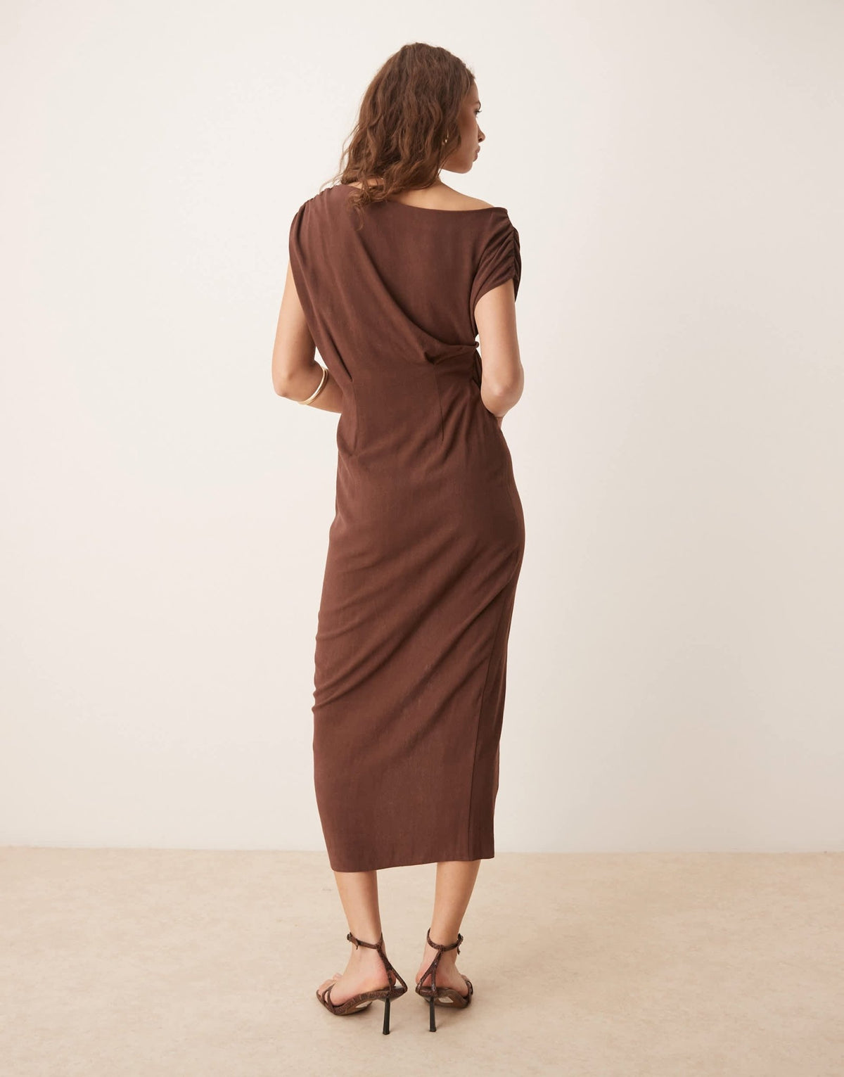 ASOS DESIGN linen fallen twist shoulder wrap skirt detail midi dress in chocolate brown - ASOS Sample Sale