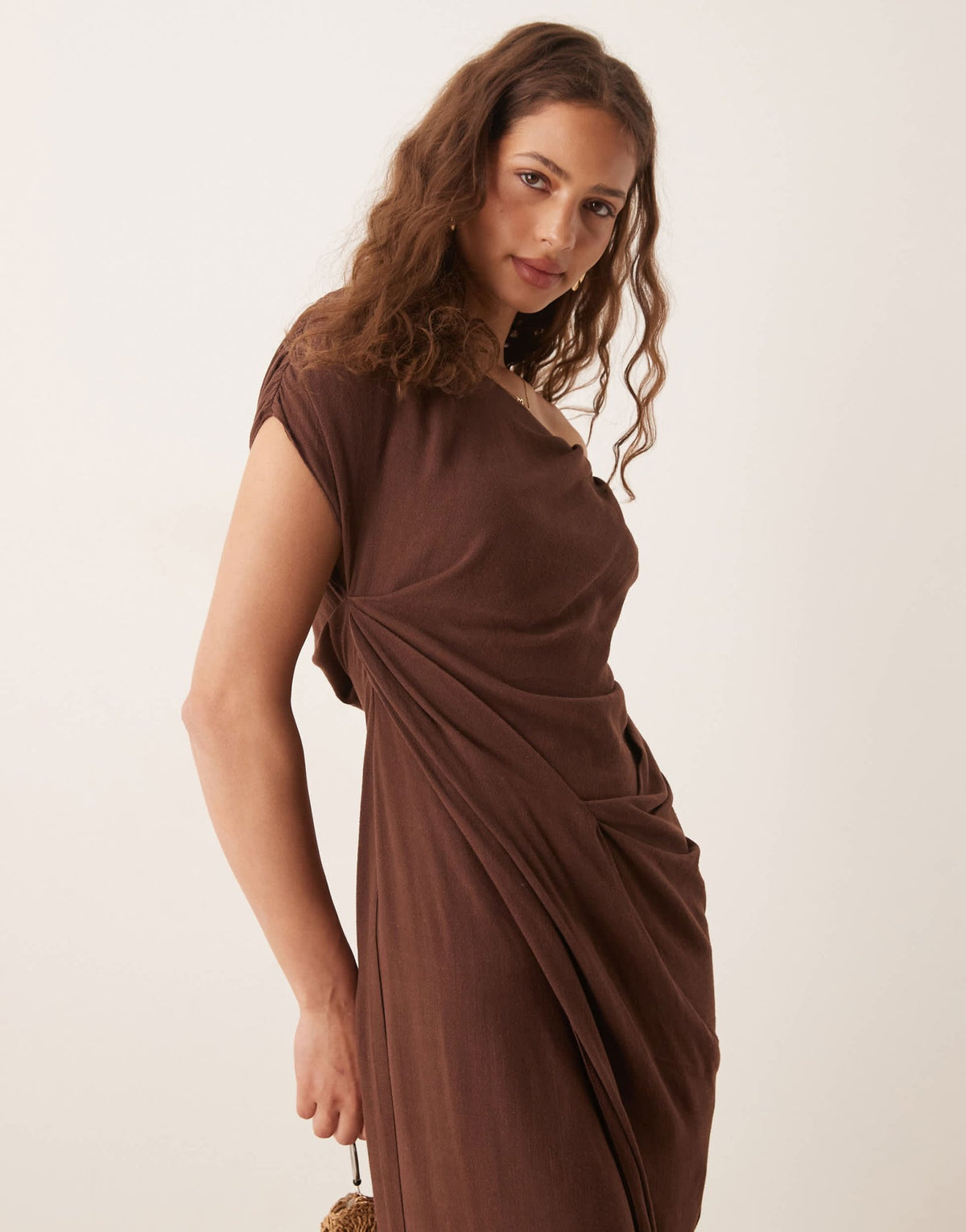 ASOS DESIGN linen fallen twist shoulder wrap skirt detail midi dress in chocolate brown - ASOS Sample Sale