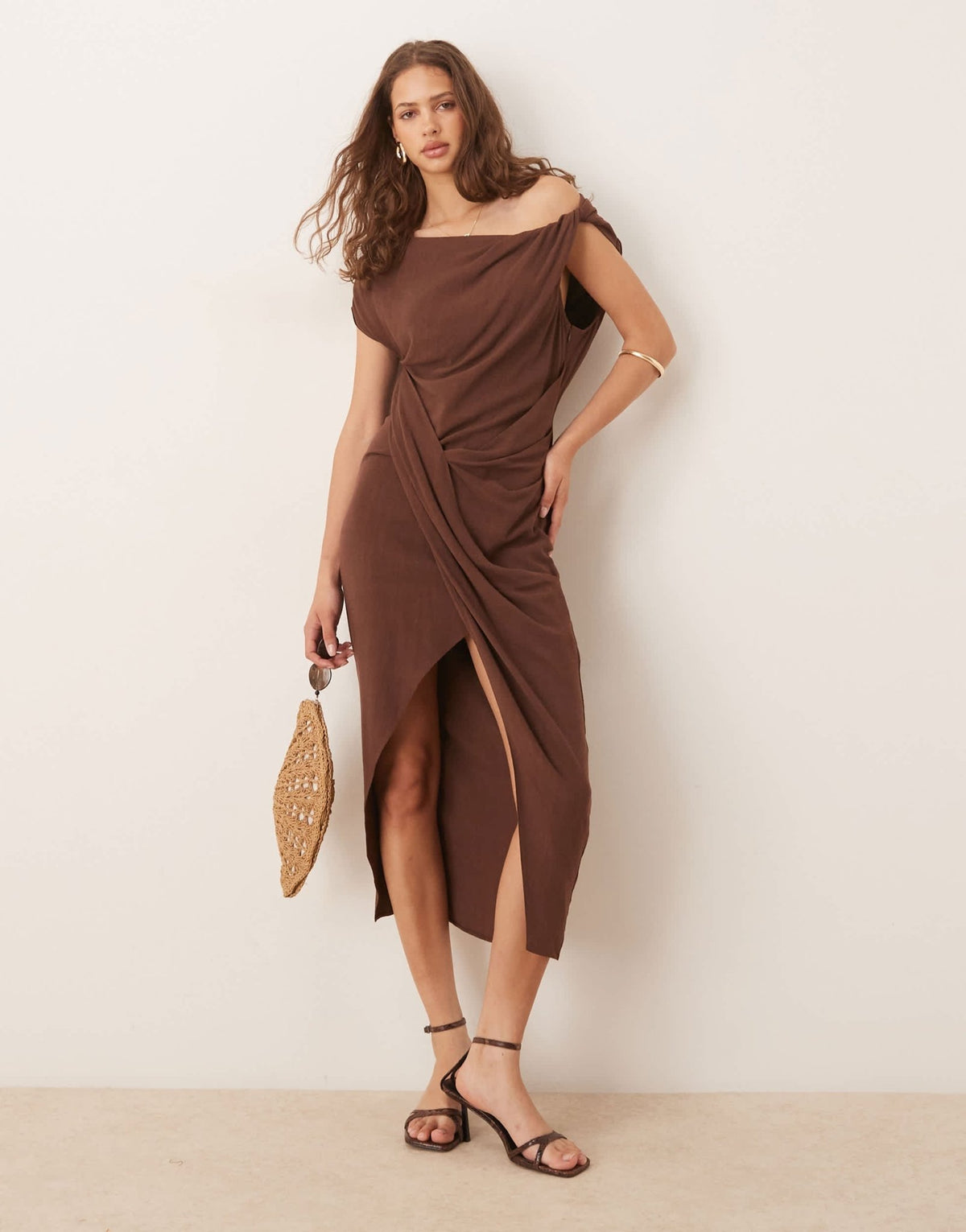 ASOS DESIGN linen fallen twist shoulder wrap skirt detail midi dress in chocolate brown - ASOS Sample Sale