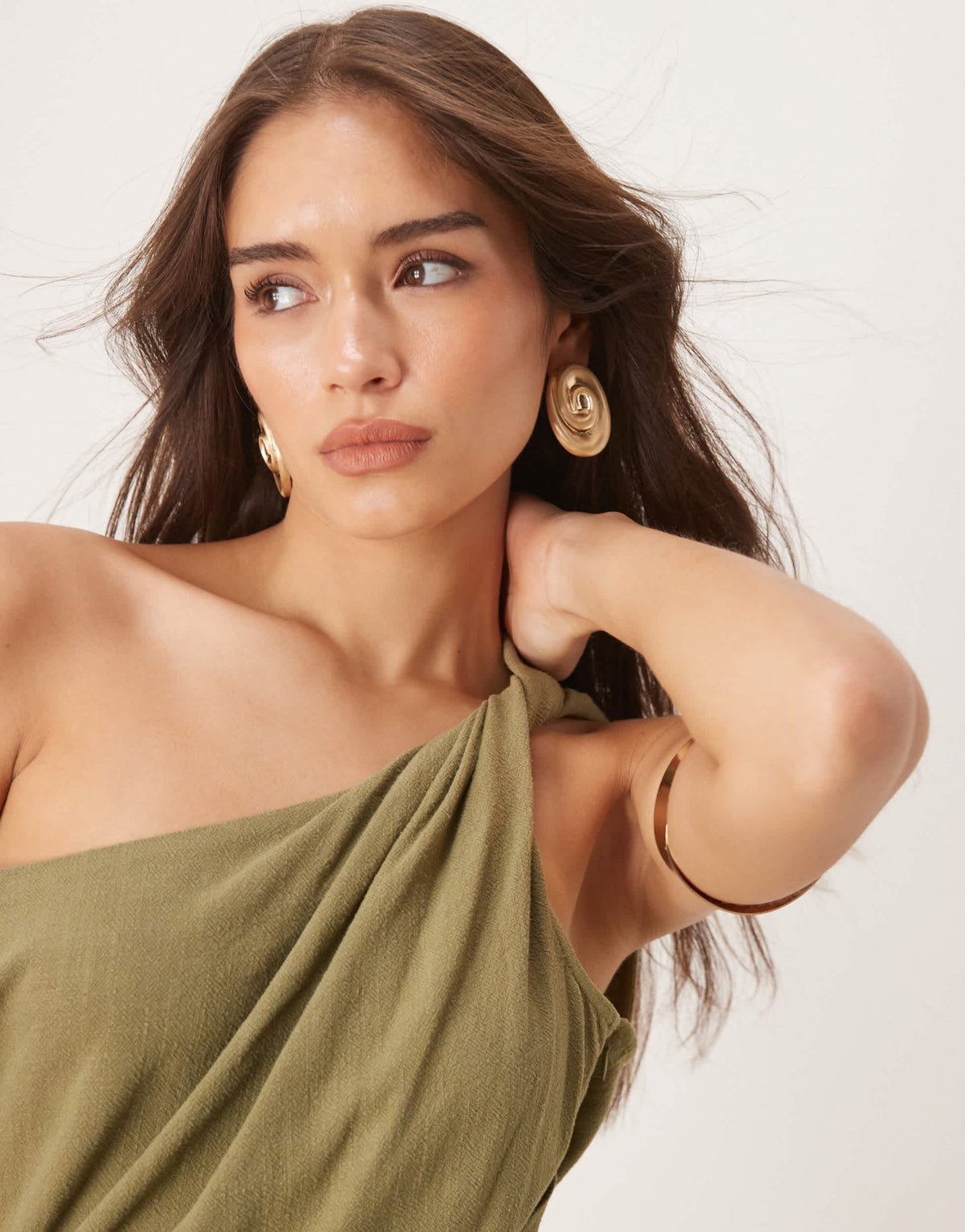 ASOS DESIGN linen fallen twist shoulder wrap skirt detail midi dress in khaki - ASOS Sample Sale