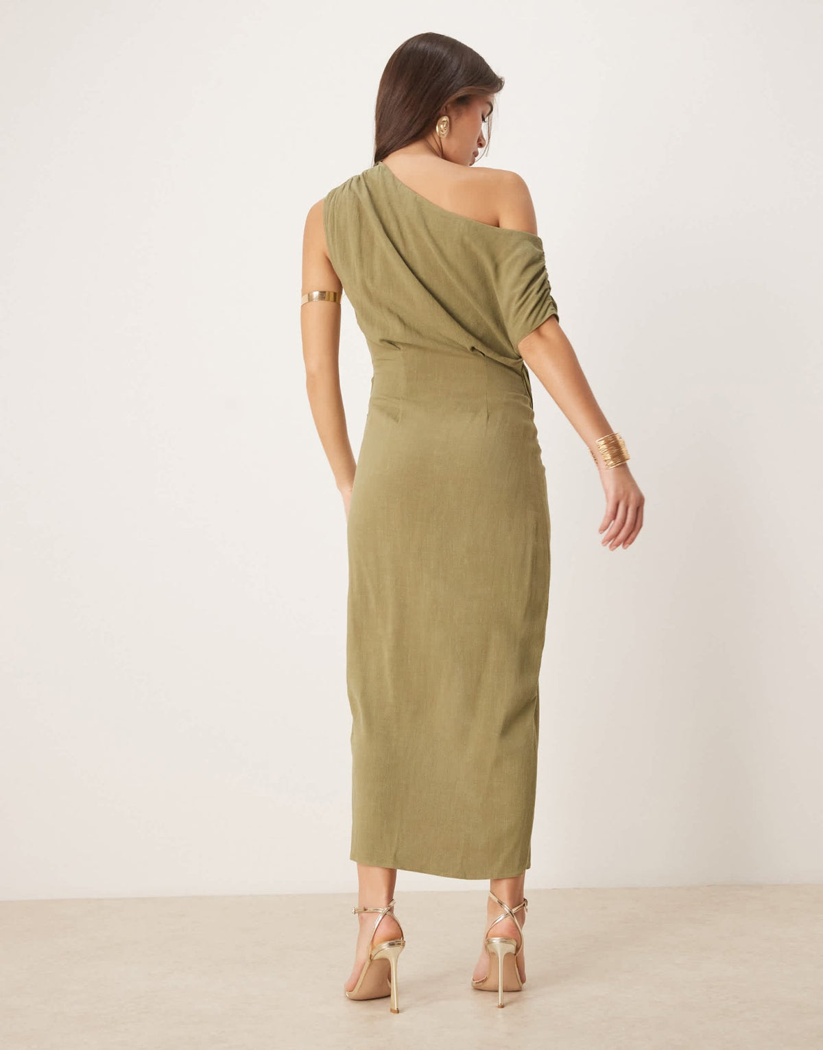 ASOS DESIGN linen fallen twist shoulder wrap skirt detail midi dress in khaki - ASOS Sample Sale