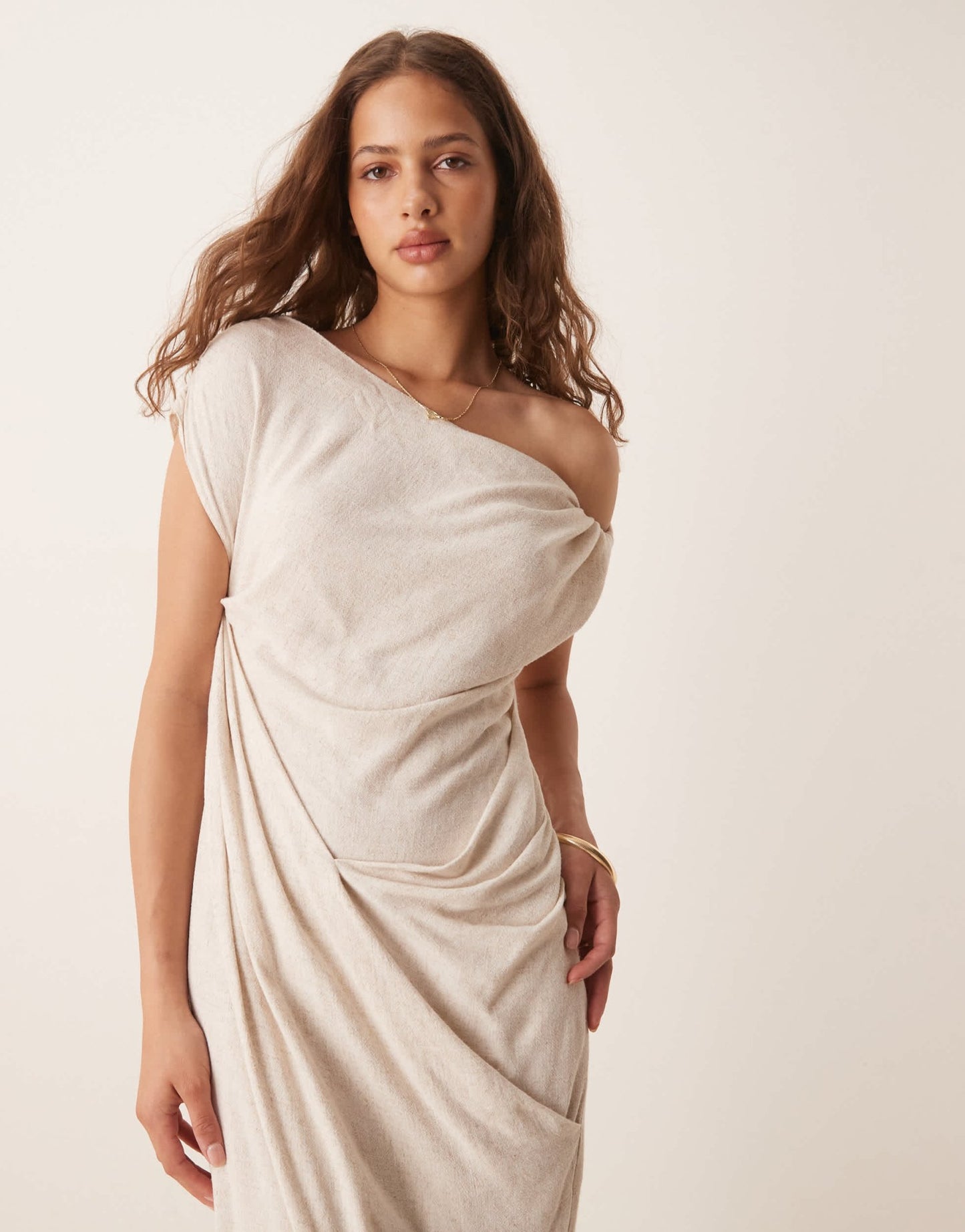 ASOS DESIGN linen fallen twist shoulder wrap skirt detail midi dress in oat - ASOS Sample Sale