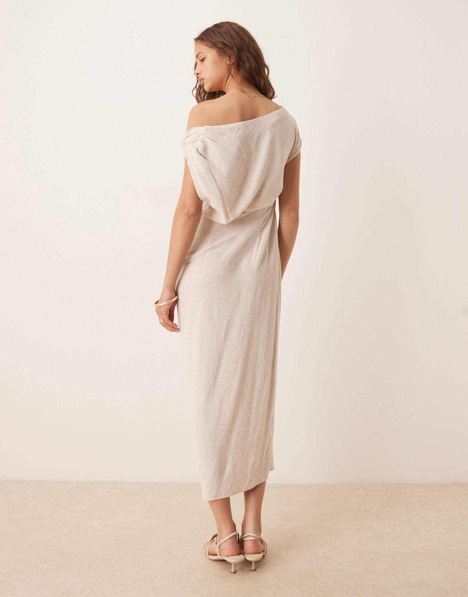 ASOS DESIGN linen fallen twist shoulder wrap skirt detail midi dress in oat - ASOS Sample Sale
