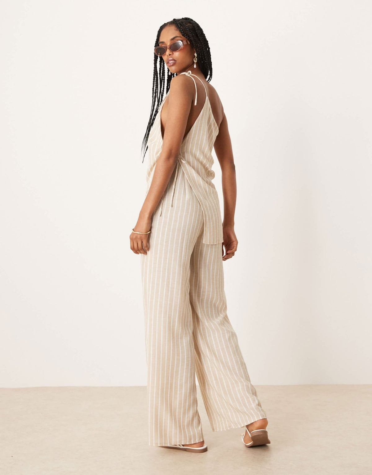 ASOS DESIGN linen jumpsuit with asymmetric ties in stone stripe - ASOS Sample Sale