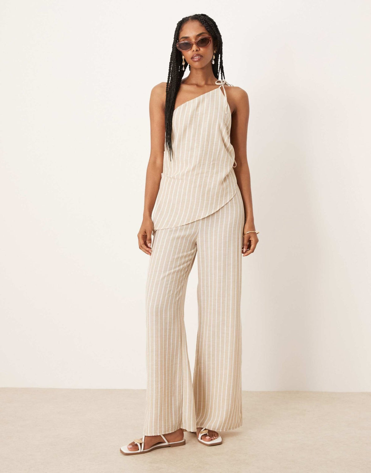 ASOS DESIGN linen jumpsuit with asymmetric ties in stone stripe - ASOS Sample Sale
