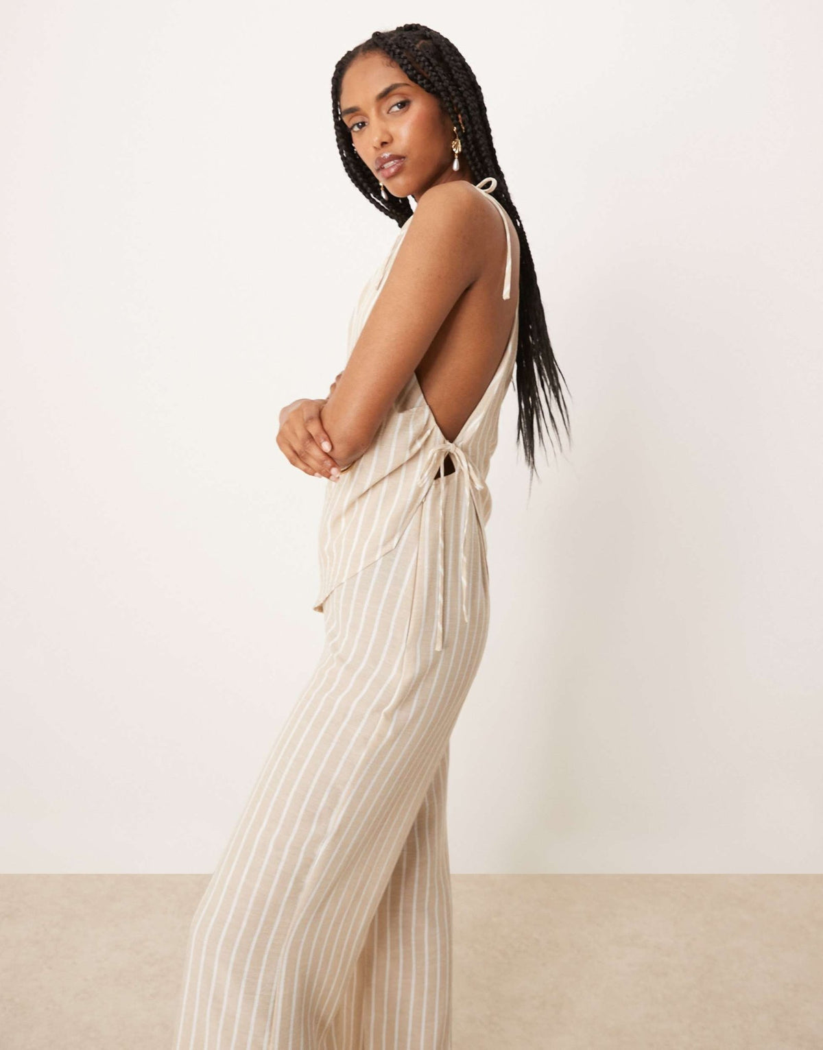 ASOS DESIGN linen jumpsuit with asymmetric ties in stone stripe - ASOS Sample Sale