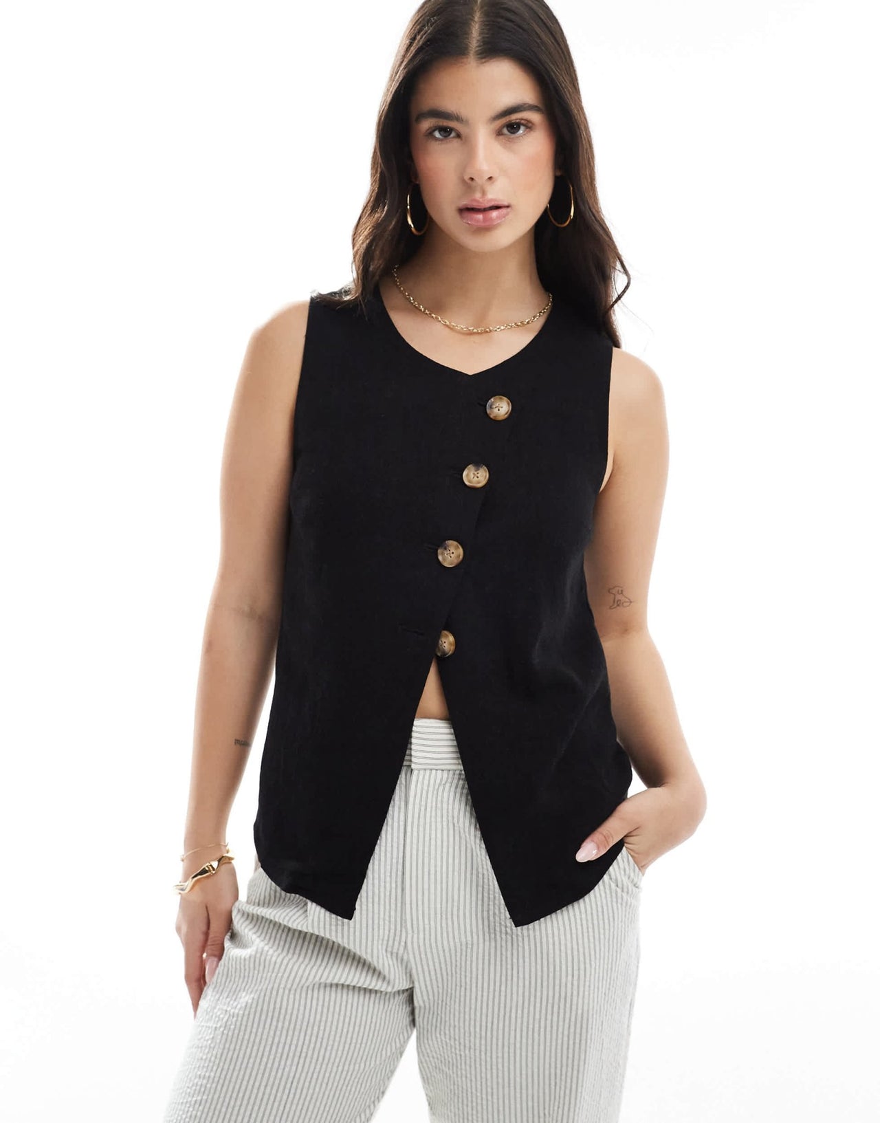 ASOS DESIGN linen look asymmetric button front waistcoat in black - ASOS Sample Sale