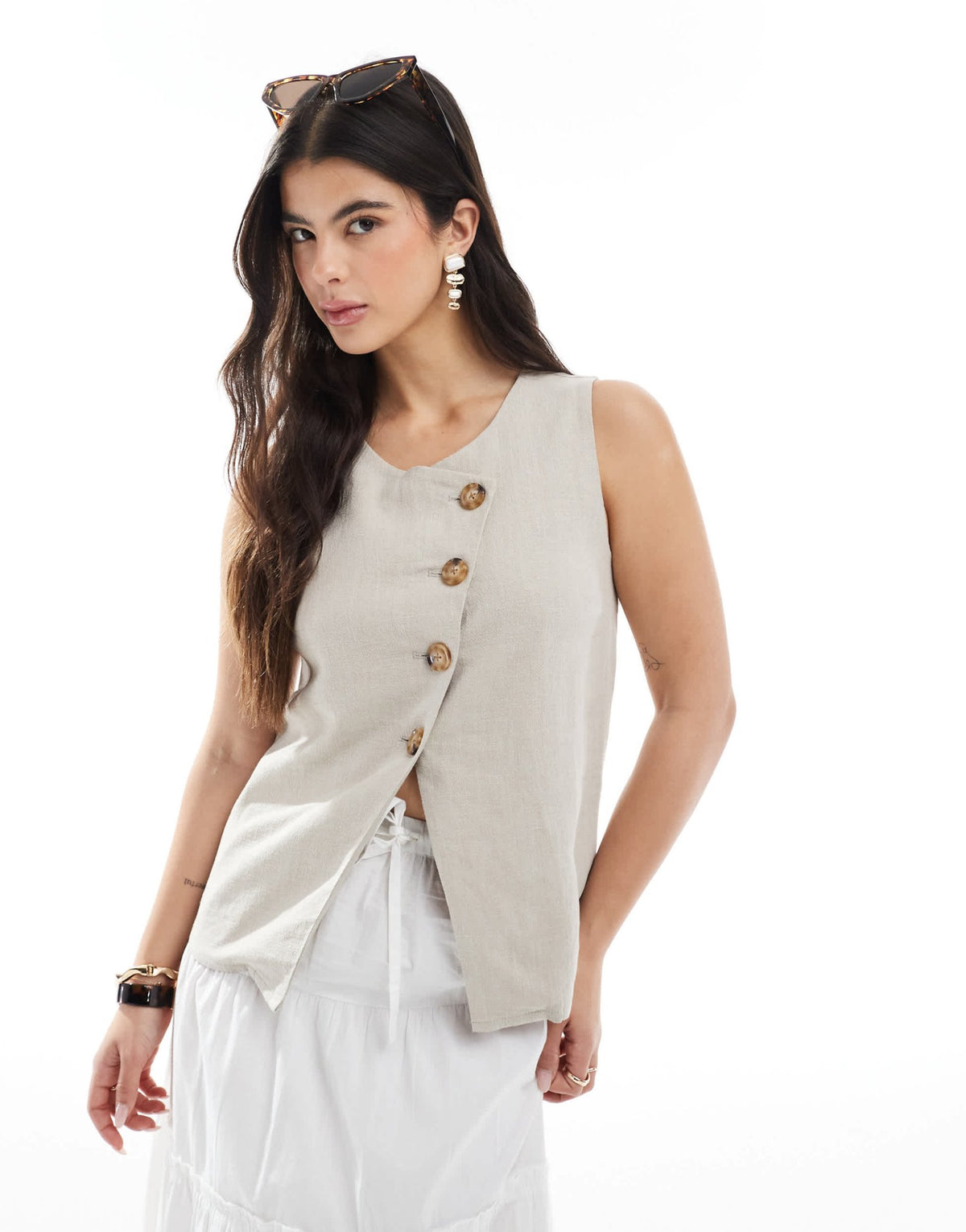 ASOS DESIGN linen look asymmetric button front waistcoat in stone - ASOS Sample Sale