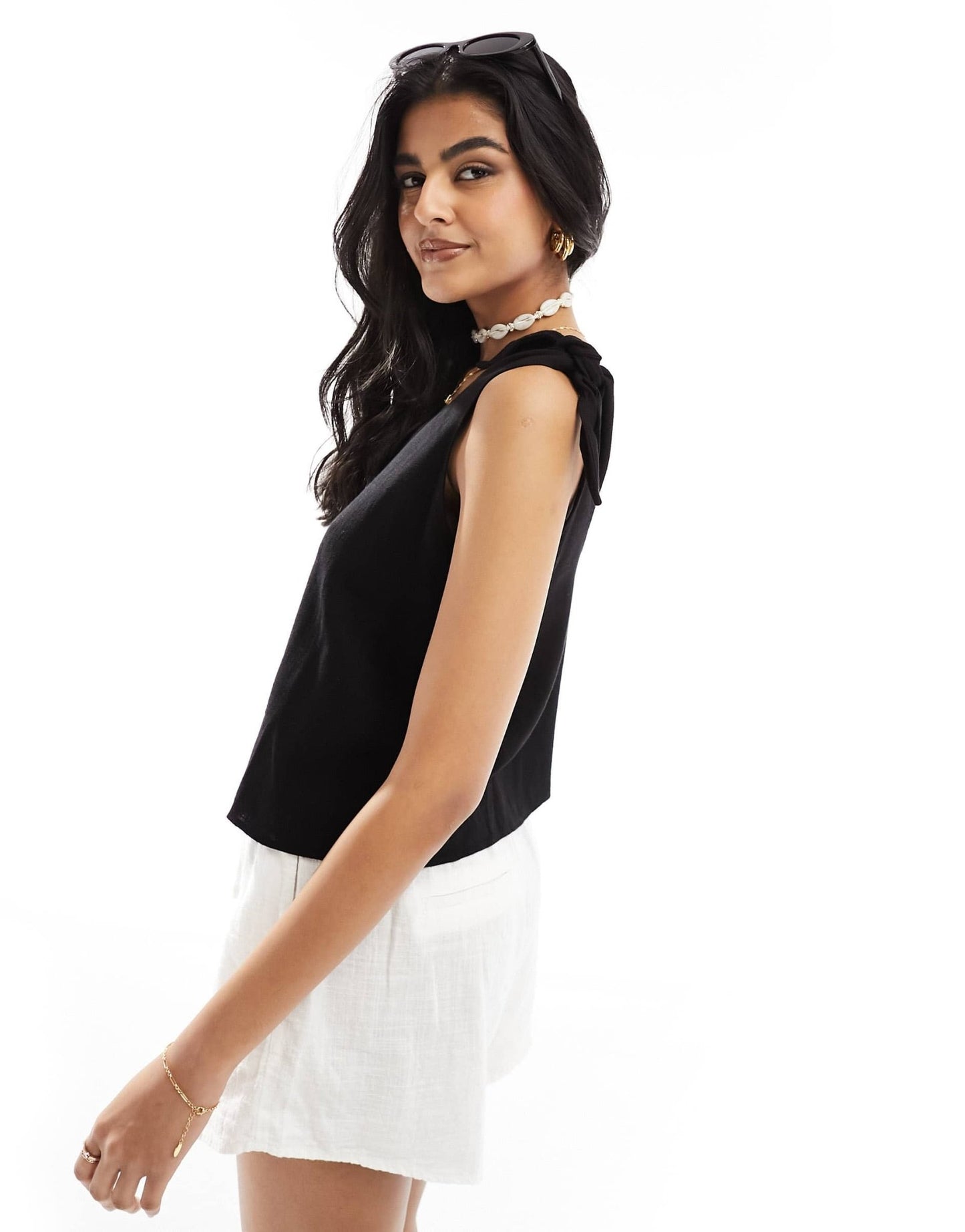 ASOS DESIGN linen look cami with tie straps in black - ASOS Sample Sale