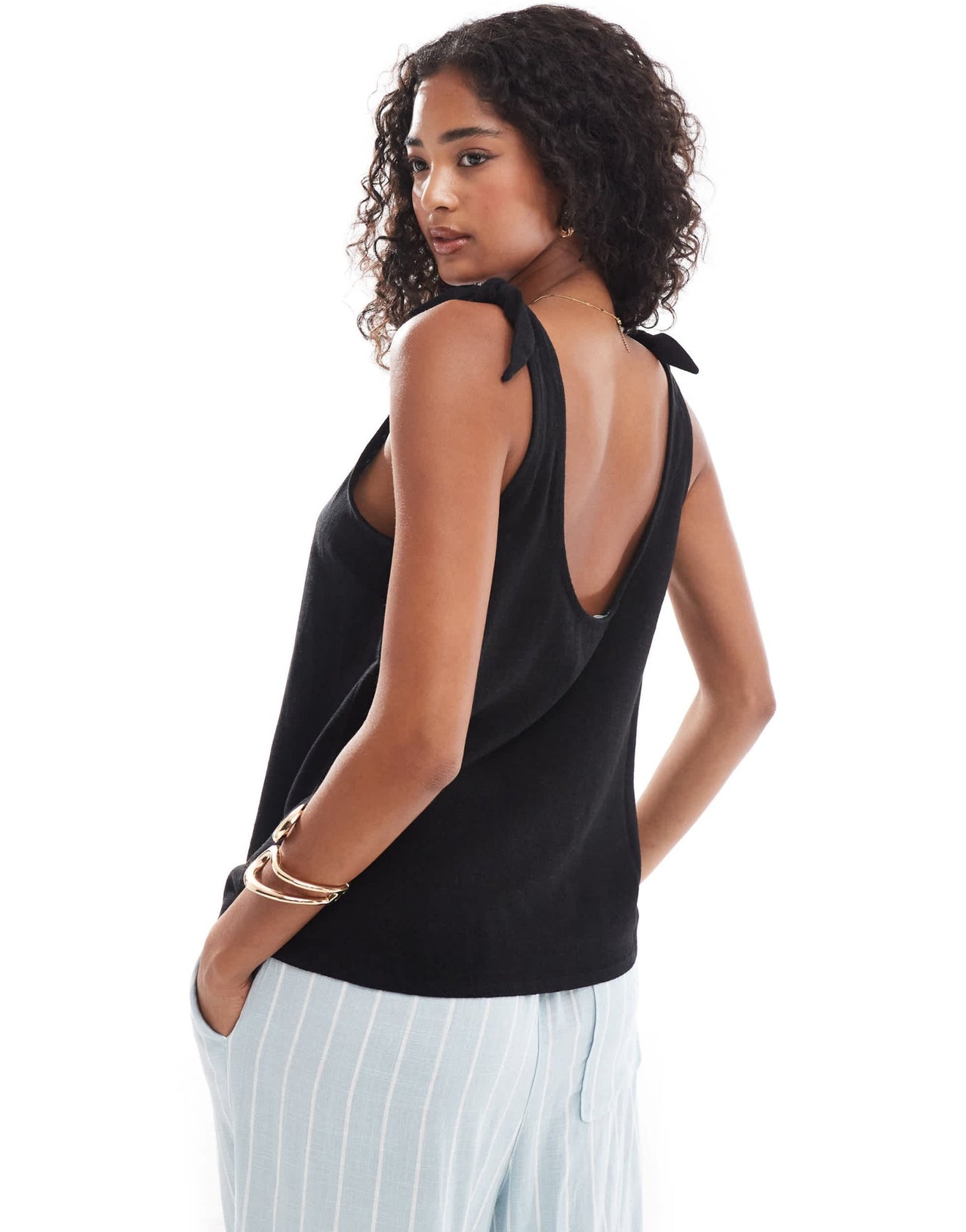 ASOS DESIGN linen look cami with tie straps in black - ASOS Sample Sale
