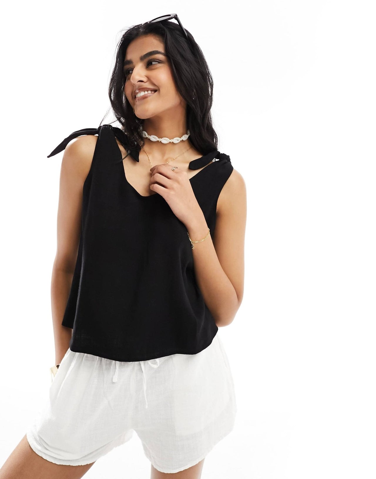 ASOS DESIGN linen look cami with tie straps in black - ASOS Sample Sale