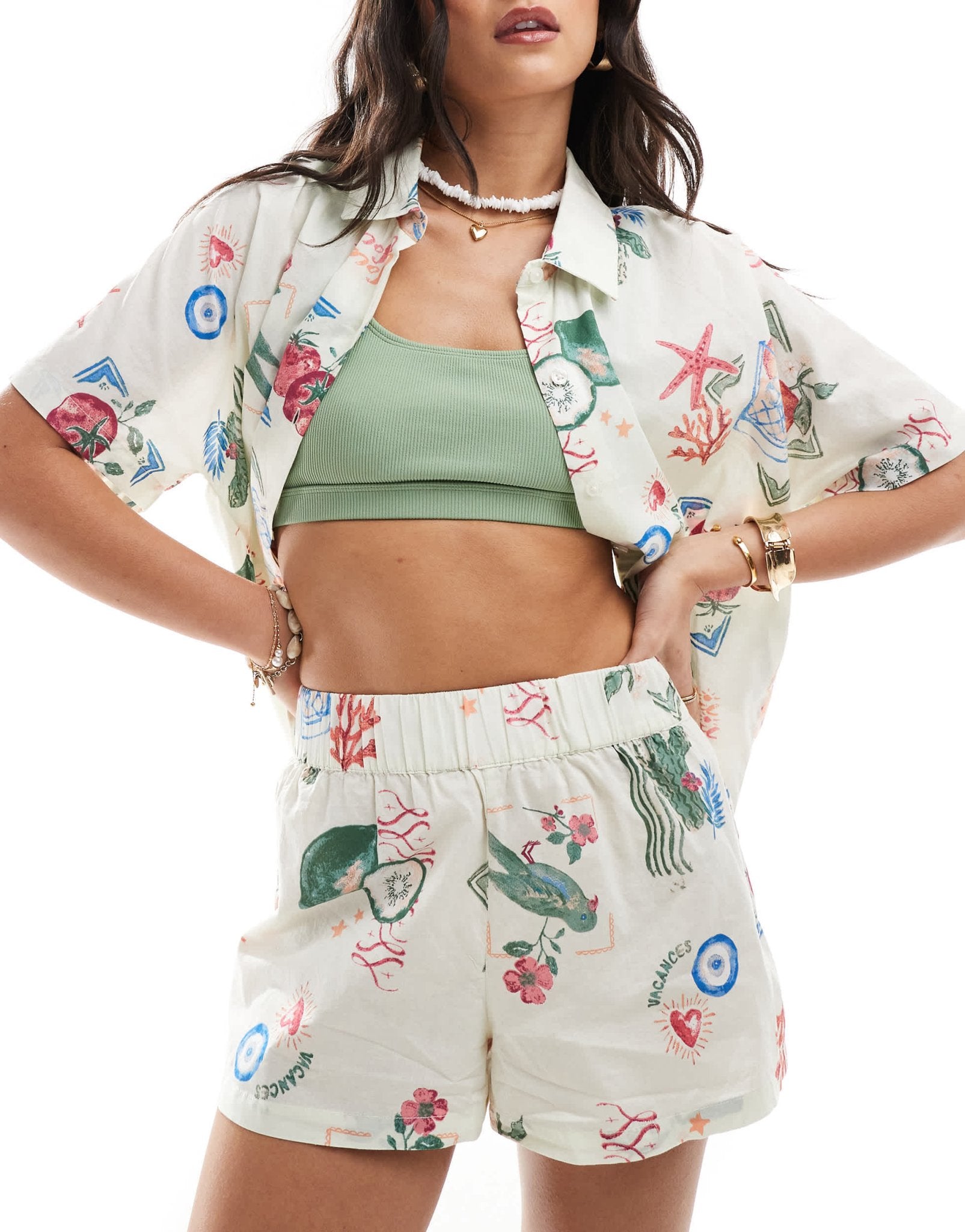 ASOS DESIGN linen look co - ord beach short in postcard print - ASOS Sample Sale