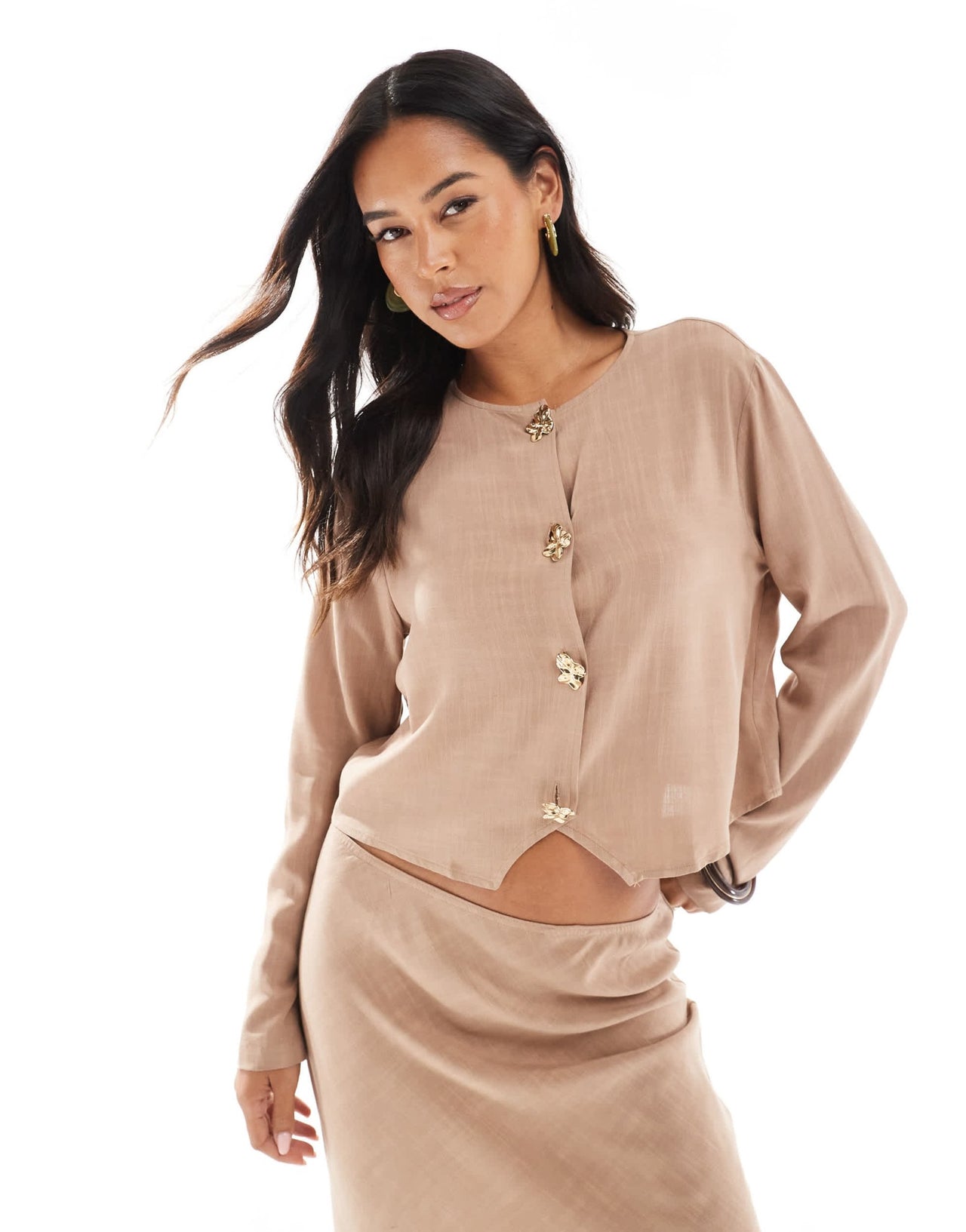 ASOS DESIGN linen look cropped co-ord button front top in stone - ASOS Sample Sale