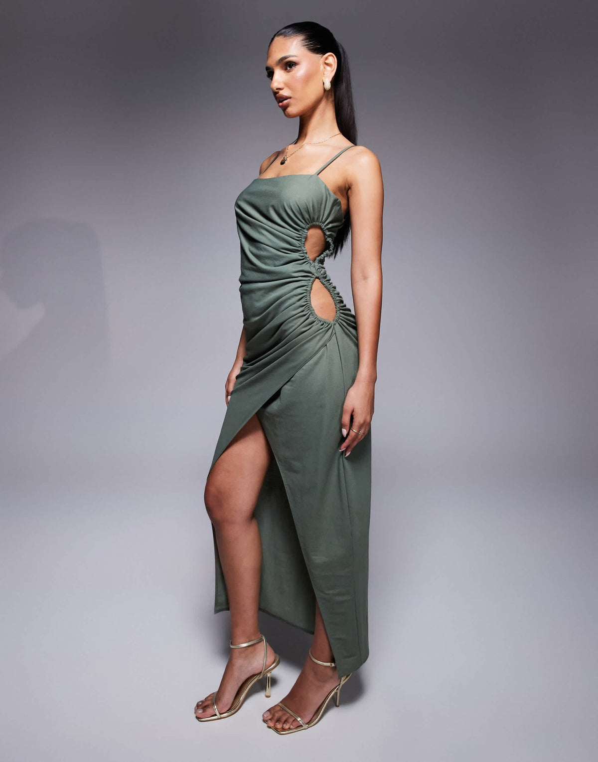 ASOS DESIGN linen look drapey cami midi dress with channelled cut out detail in khaki - ASOS Sample Sale