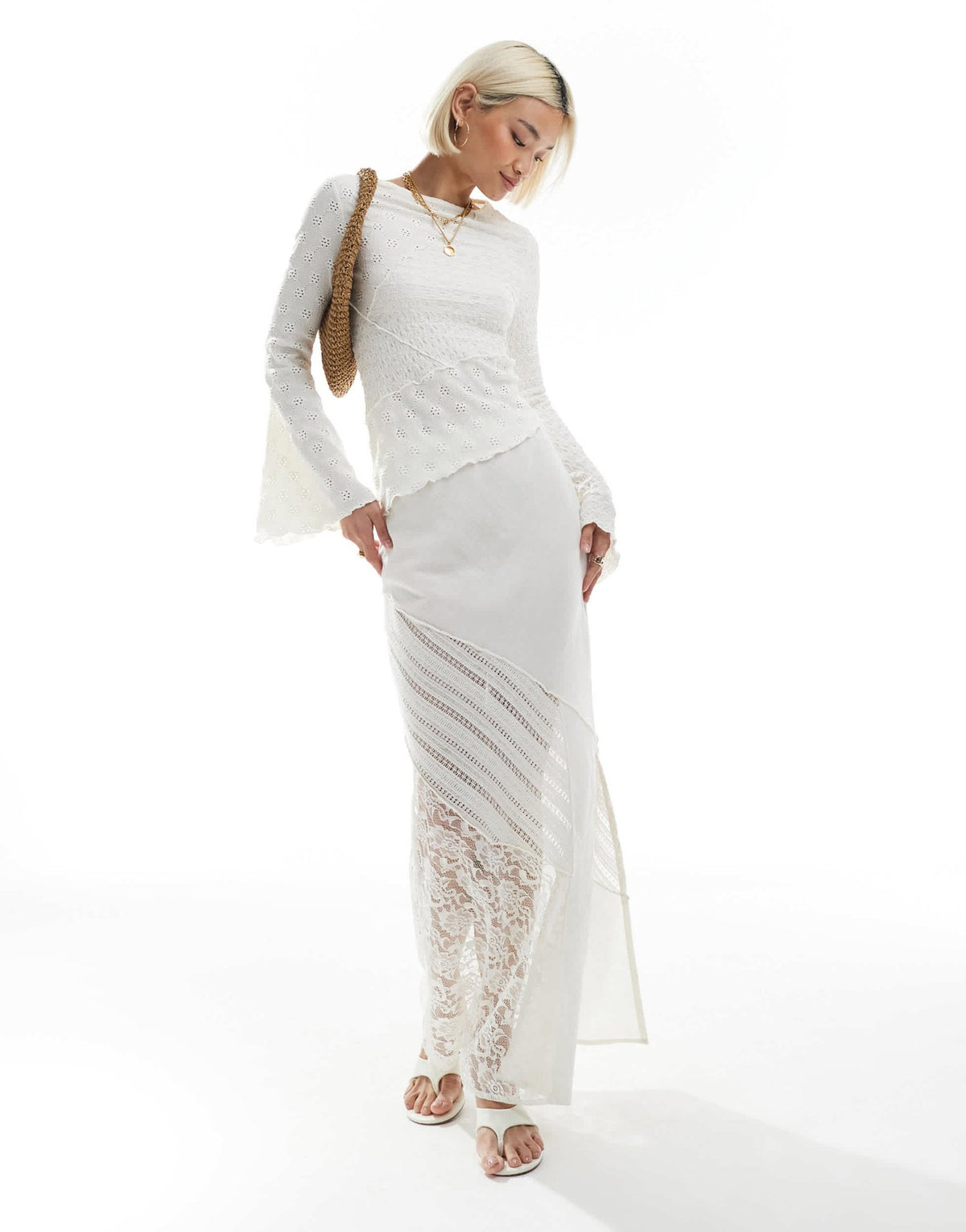 ASOS DESIGN linen look & lace patchwork maxi skirt in cream - ASOS Sample Sale