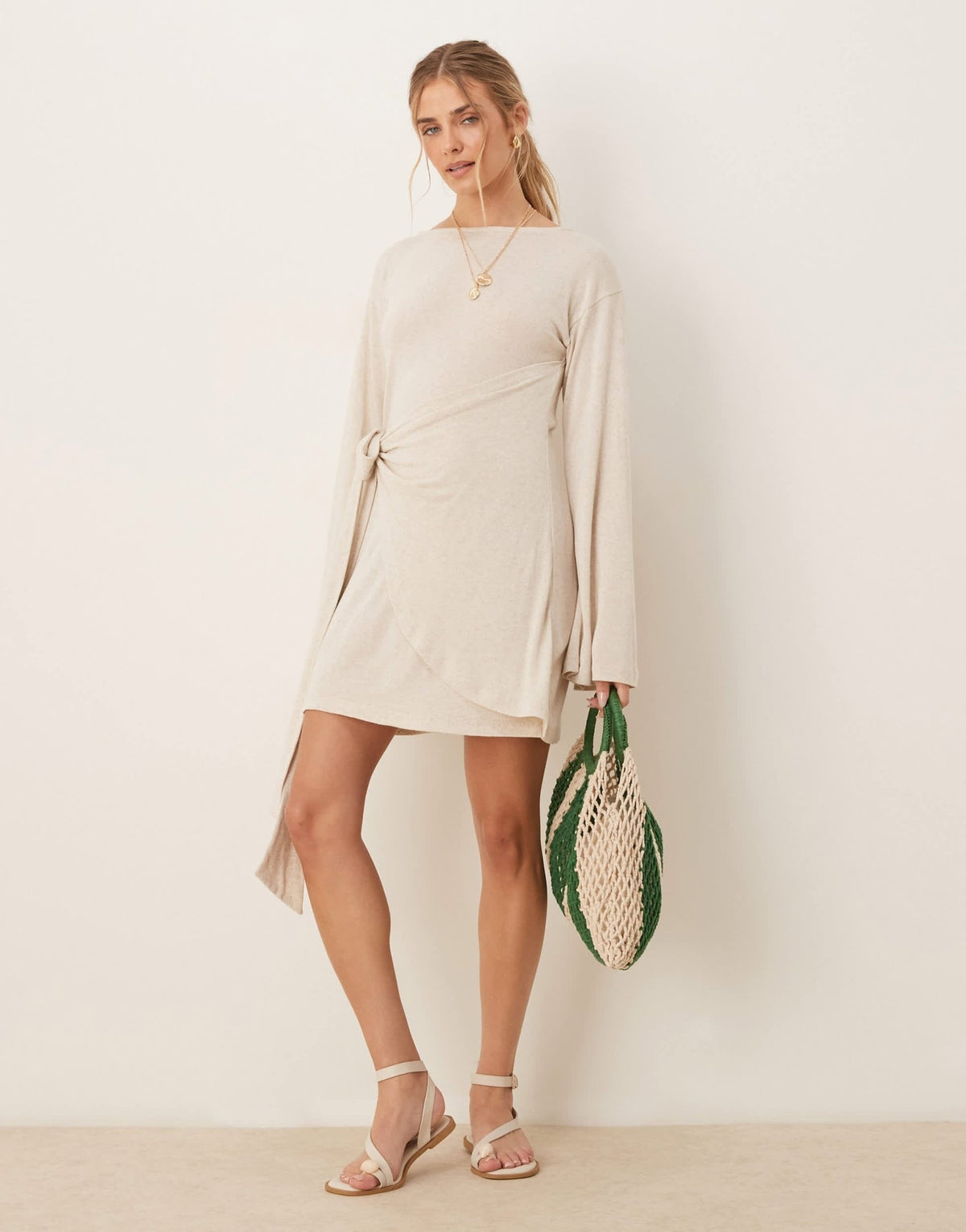 ASOS DESIGN linen look long sleeve wrap detail mini dress in ivory - ASOS Sample Sale