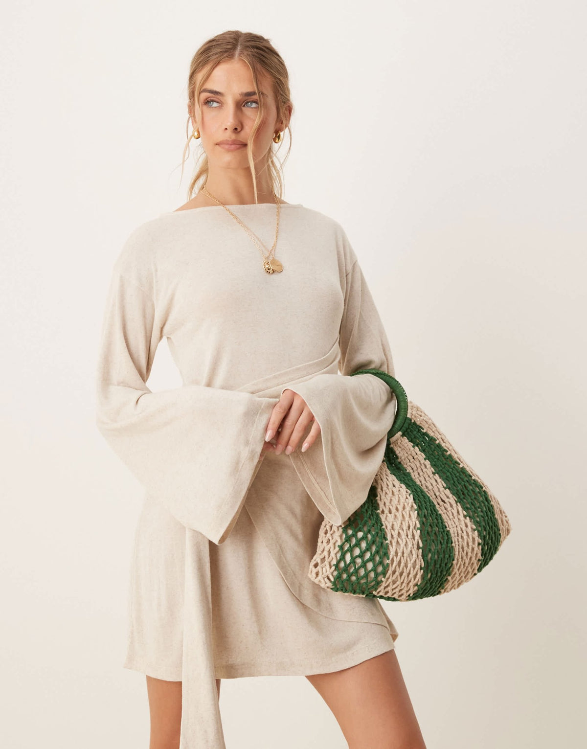 ASOS DESIGN linen look long sleeve wrap detail mini dress in ivory - ASOS Sample Sale